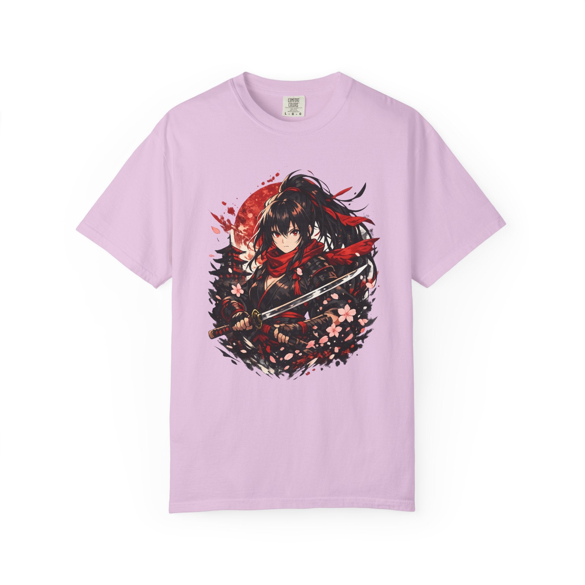 Samurai Anime Girl T-Shirt — Red Moon & Sakura Sword Art Tee