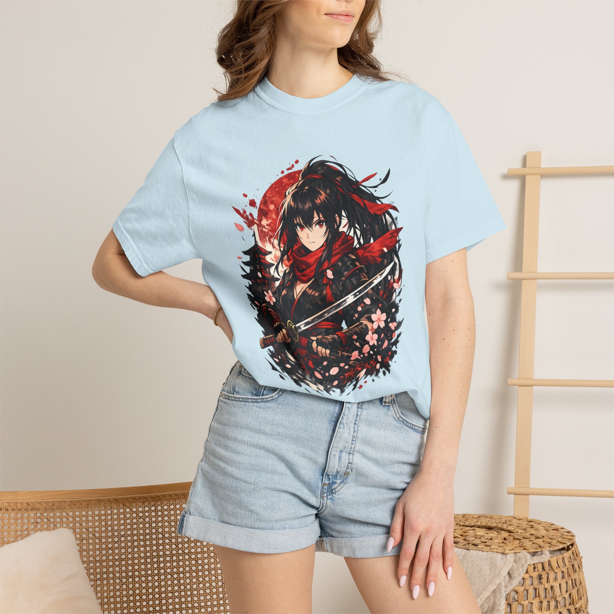 Samurai Anime Girl T-Shirt — Red Moon & Sakura Sword Art Tee