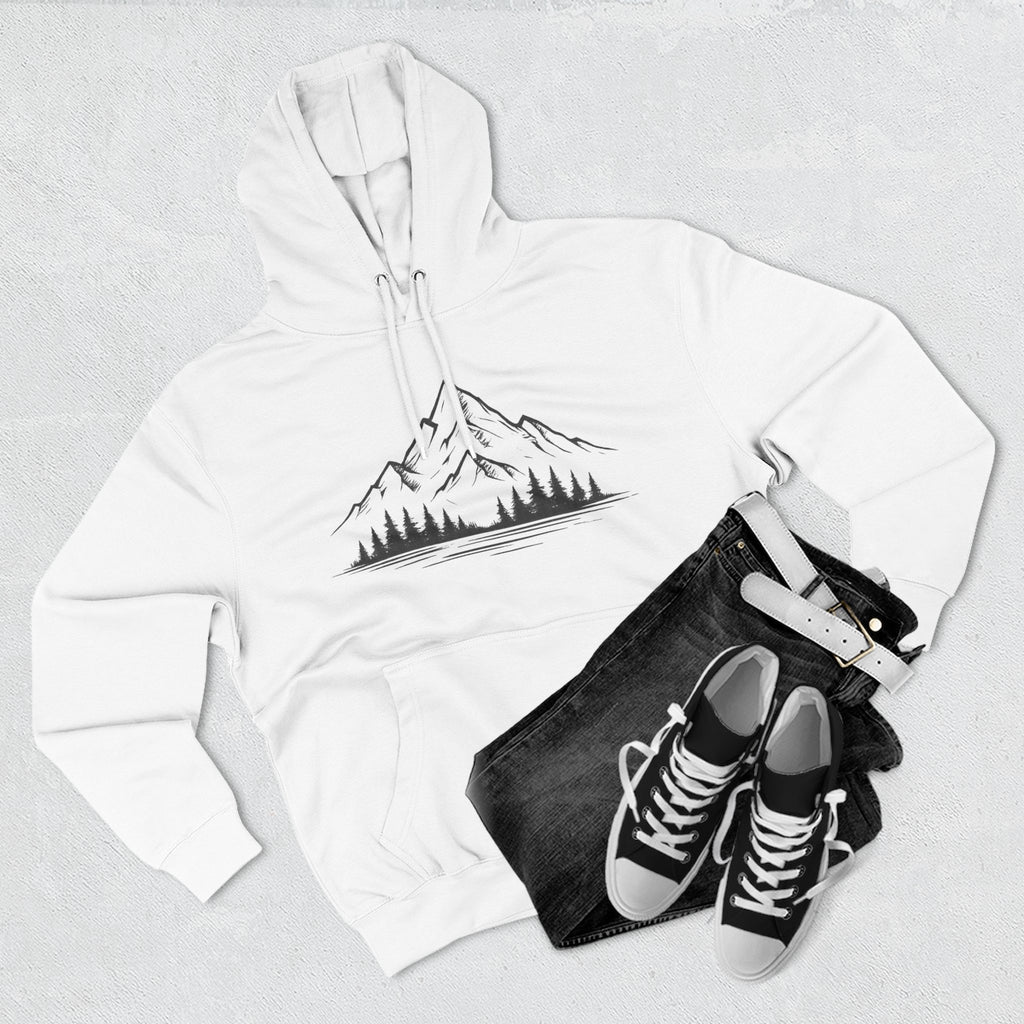 Mountain Pines Hoodie — Minimal Mountain & Forest Graphic Pullover