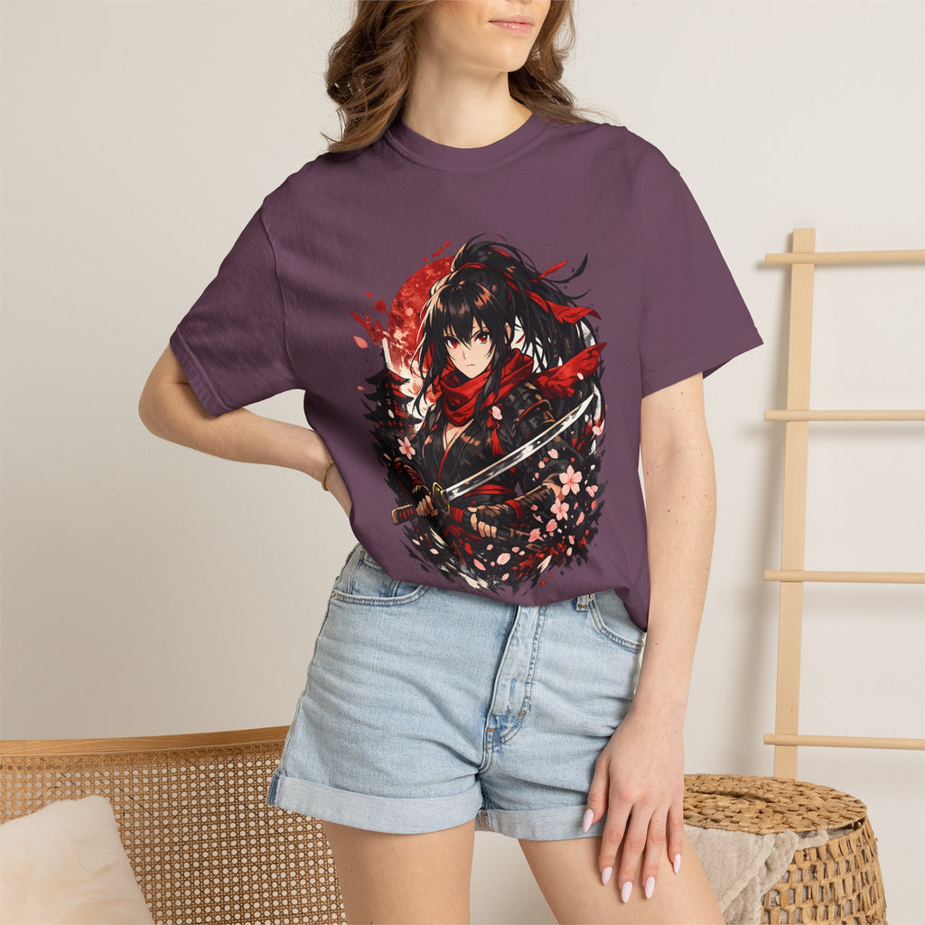 Samurai Anime Girl T-Shirt — Red Moon & Sakura Sword Art Tee