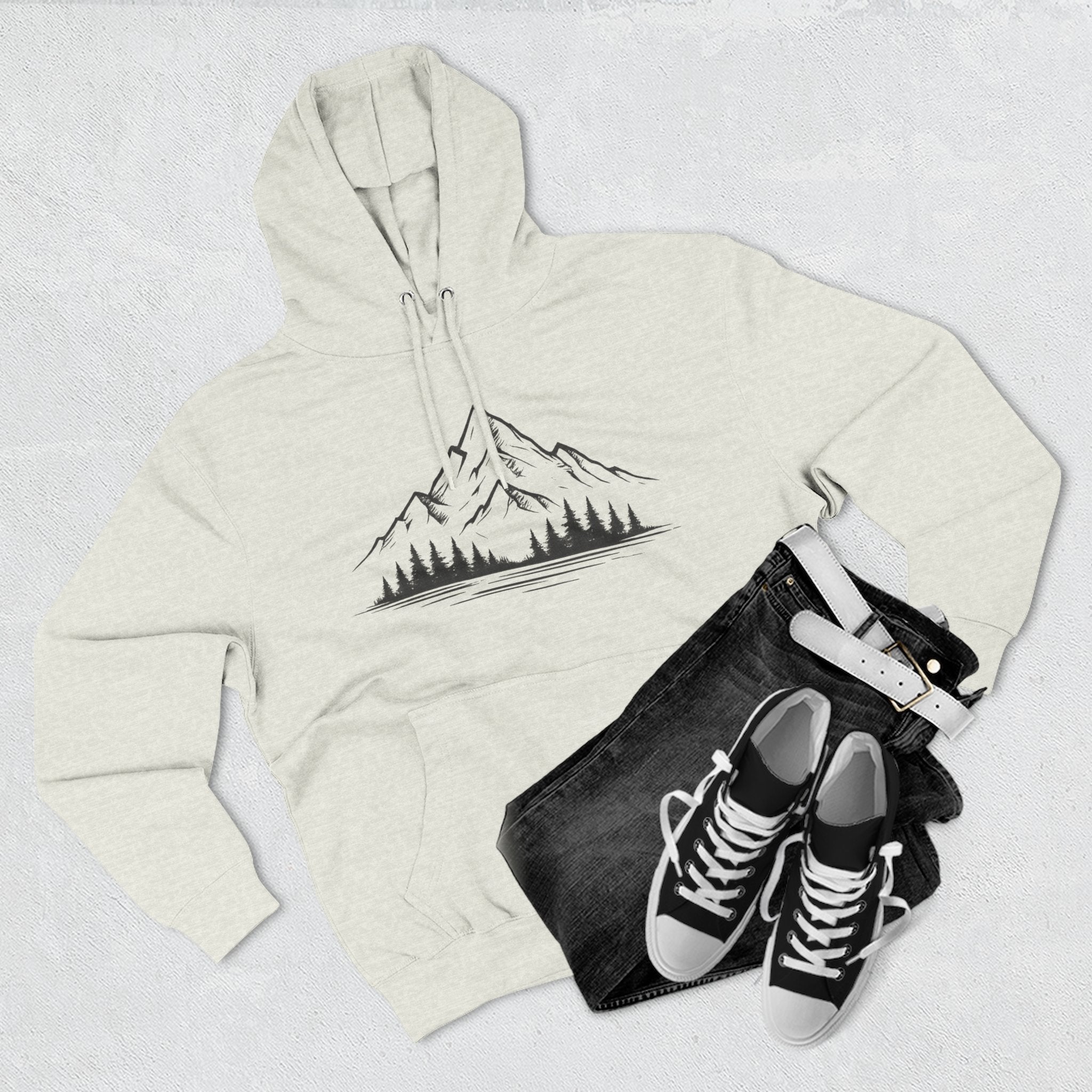 Mountain Pines Hoodie — Minimal Mountain & Forest Graphic Pullover