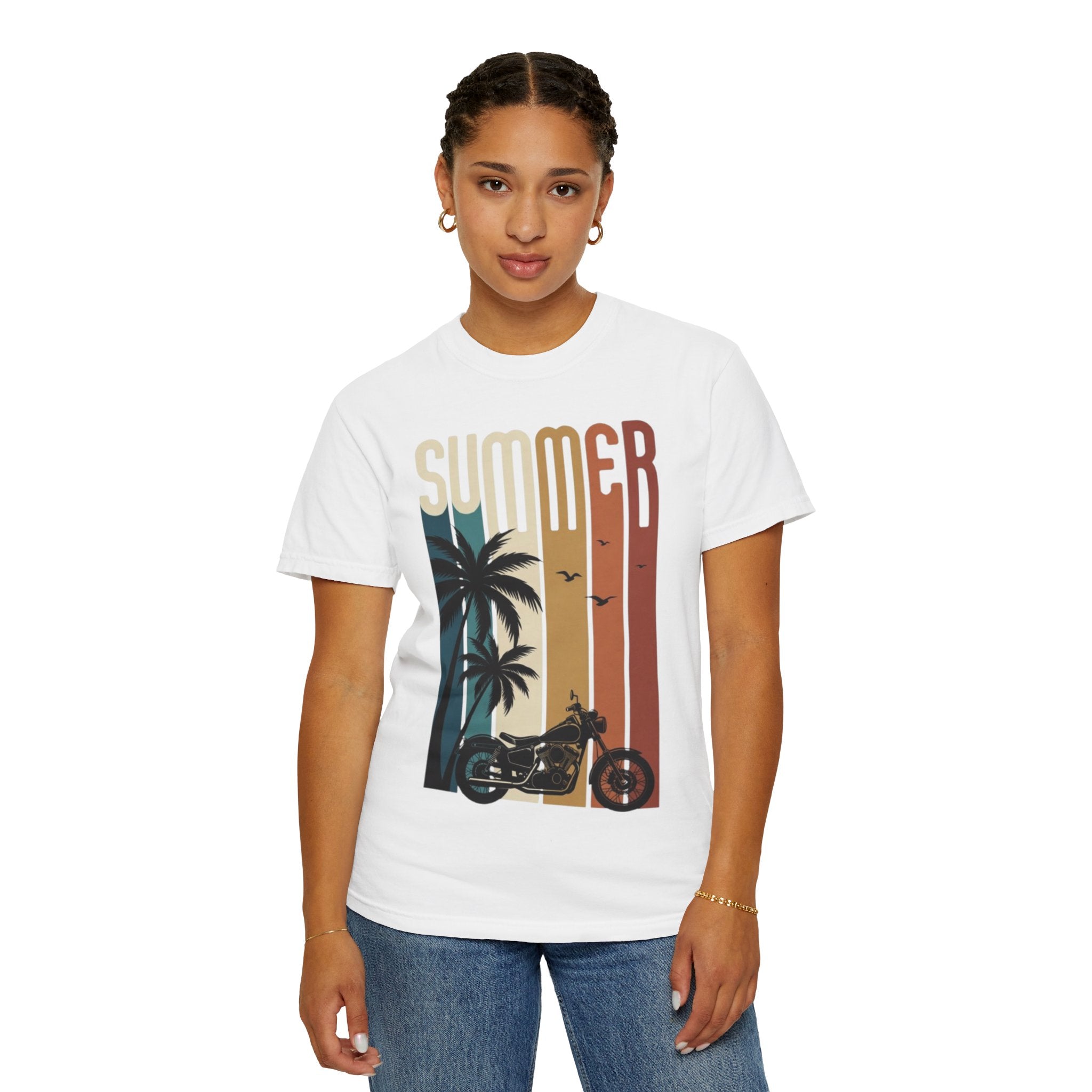 Summer Motorcycle Tee — Retro Palm Tree Beach Graphic T-Shirt