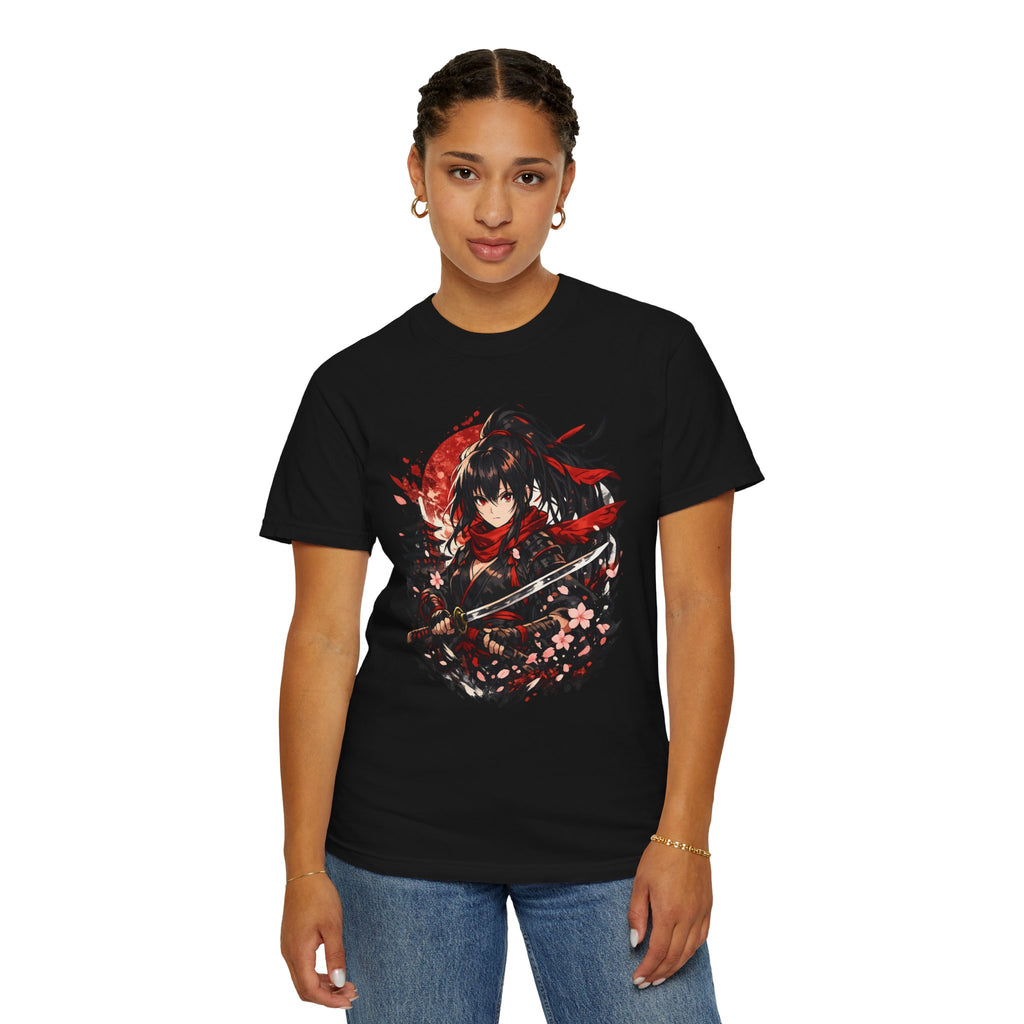 Samurai Anime Girl T-Shirt — Red Moon & Sakura Sword Art Tee