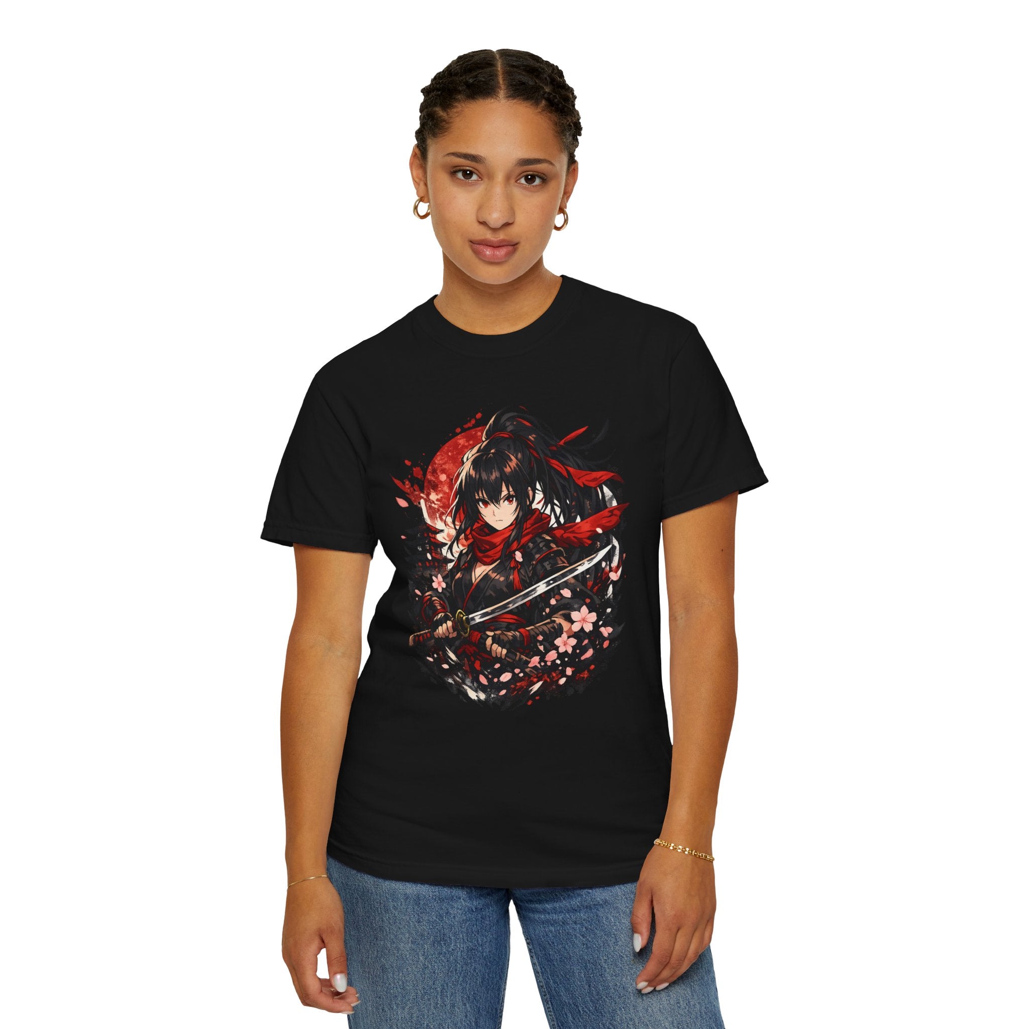 Samurai Anime Girl T-Shirt — Red Moon & Sakura Sword Art Tee