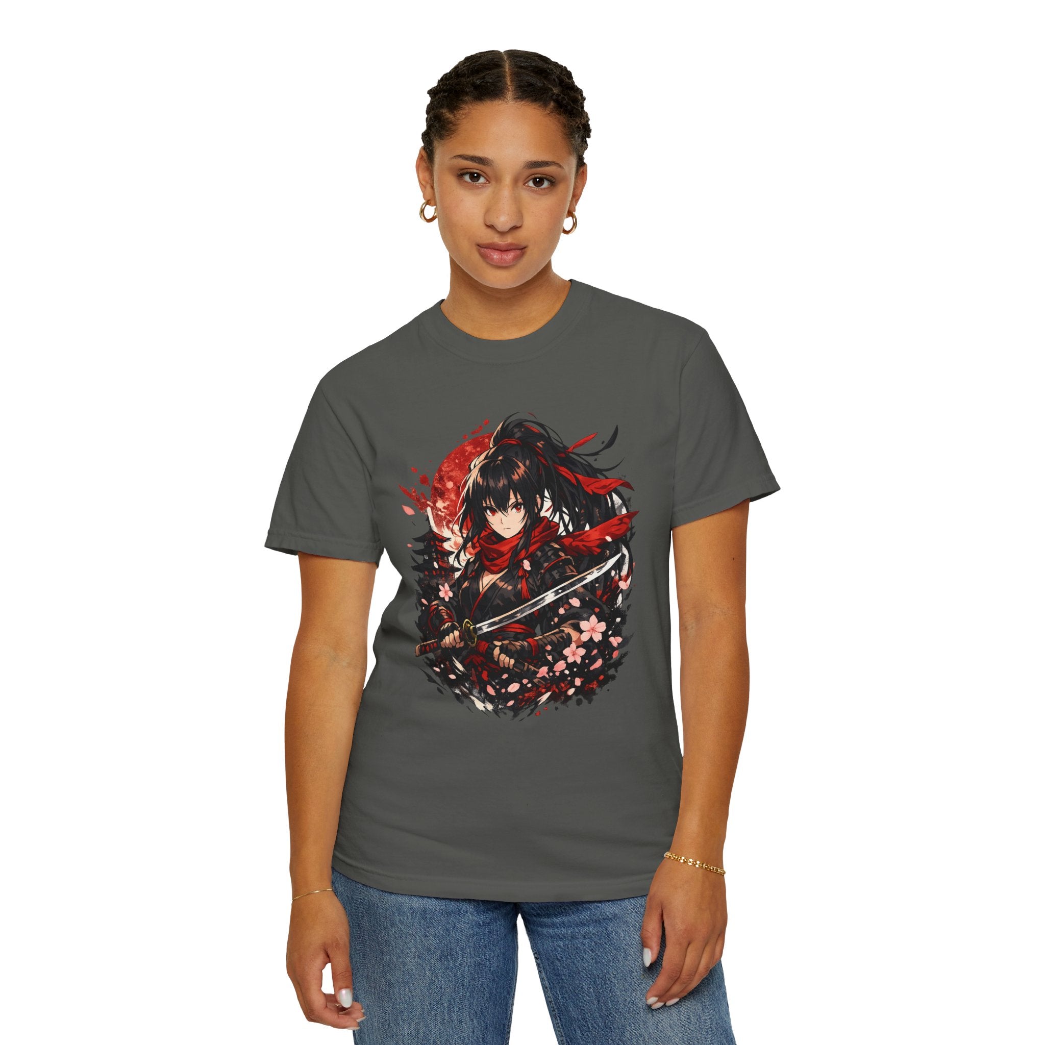Samurai Anime Girl T-Shirt — Red Moon & Sakura Sword Art Tee