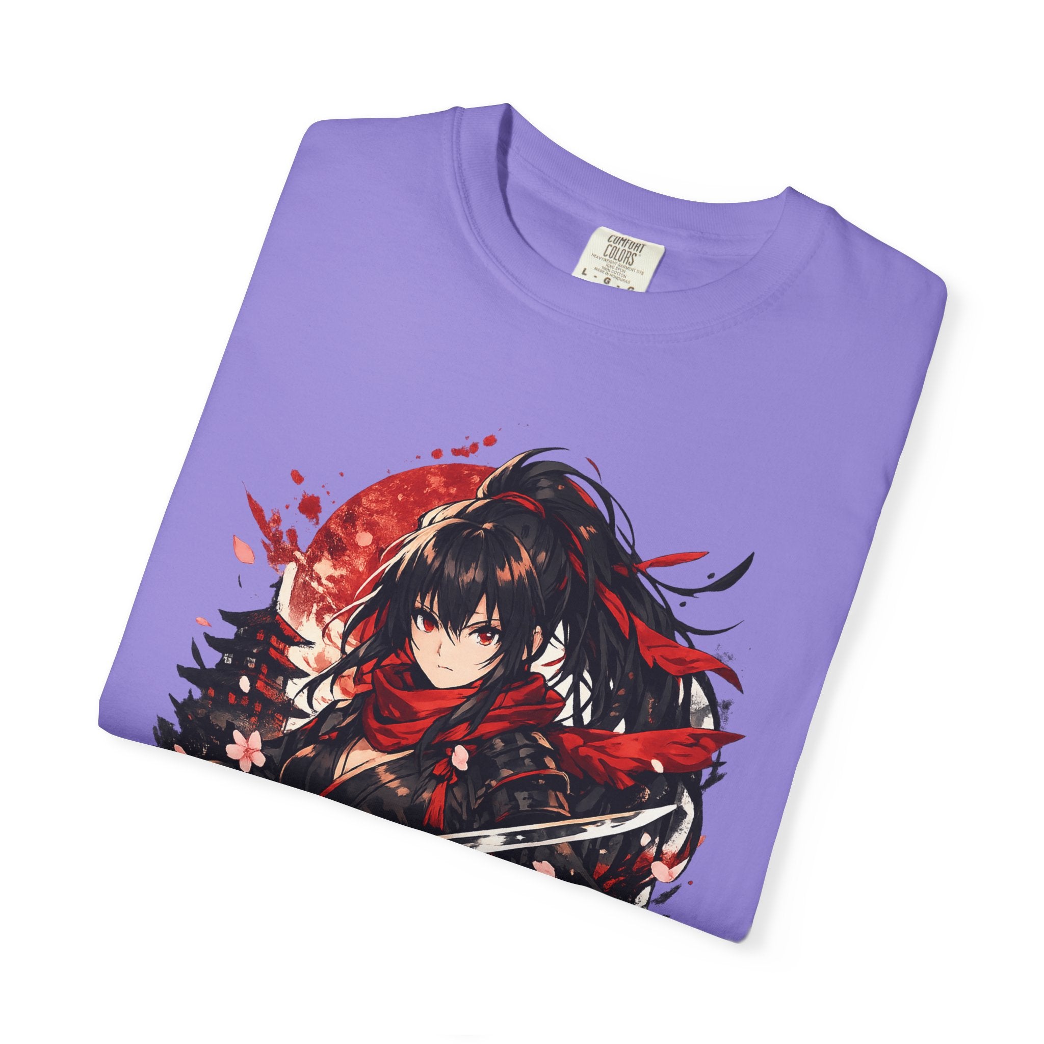 Samurai Anime Girl T-Shirt — Red Moon & Sakura Sword Art Tee