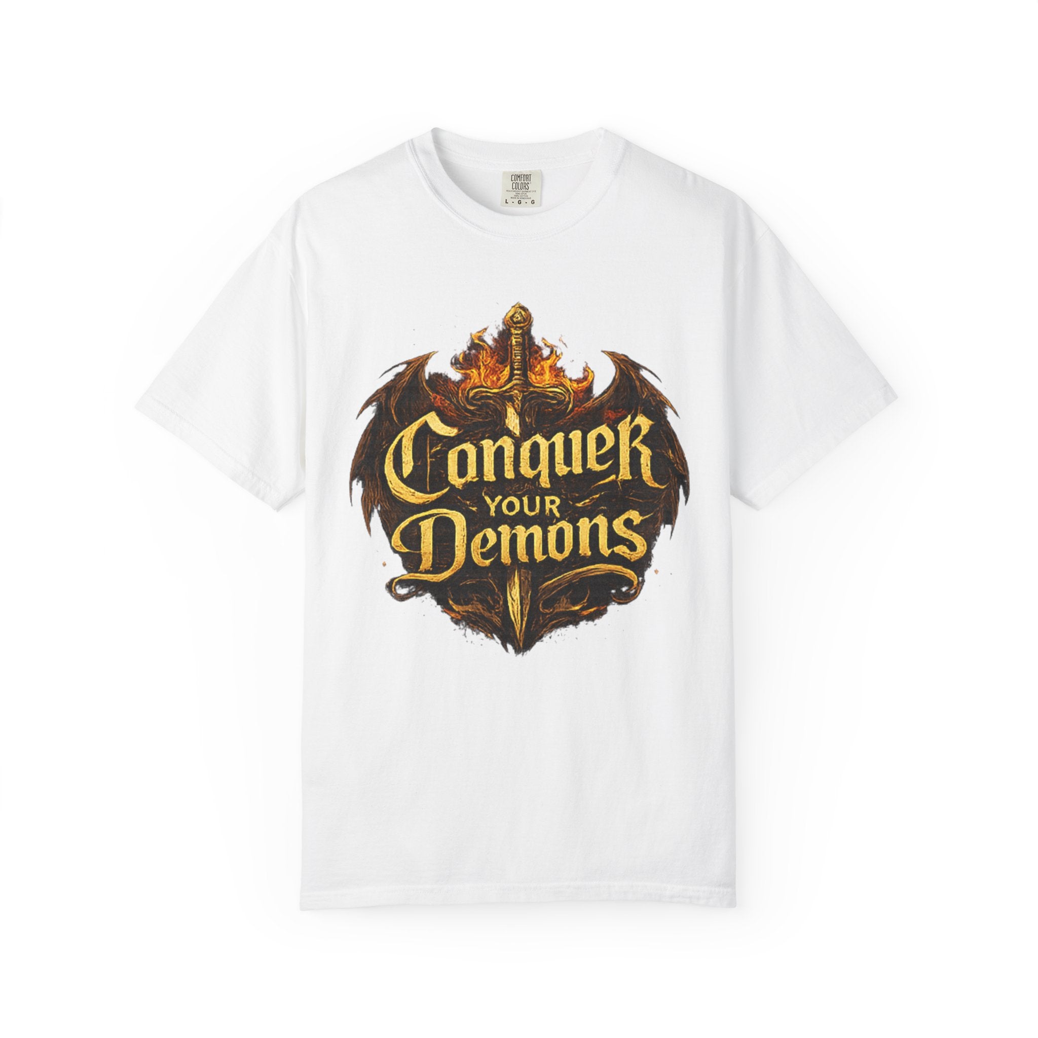 Conquer Your Demons T-Shirt — Gothic Sword & Flames Motivational Tee