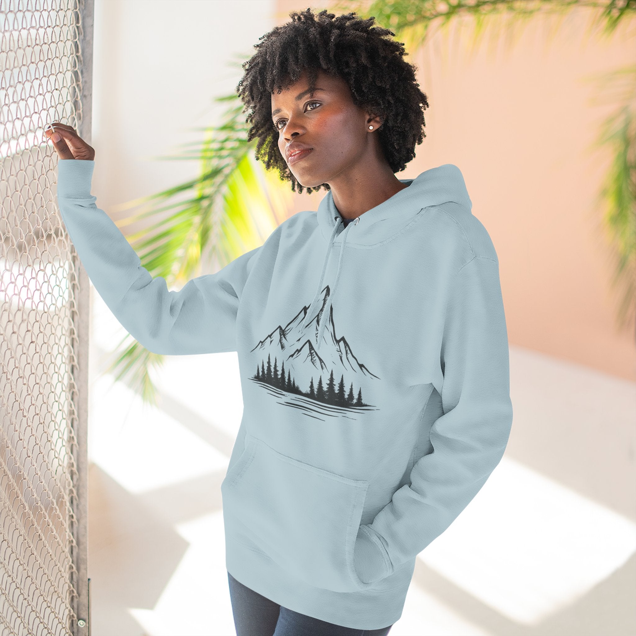 Mountain Pines Hoodie — Minimal Mountain & Forest Graphic Pullover