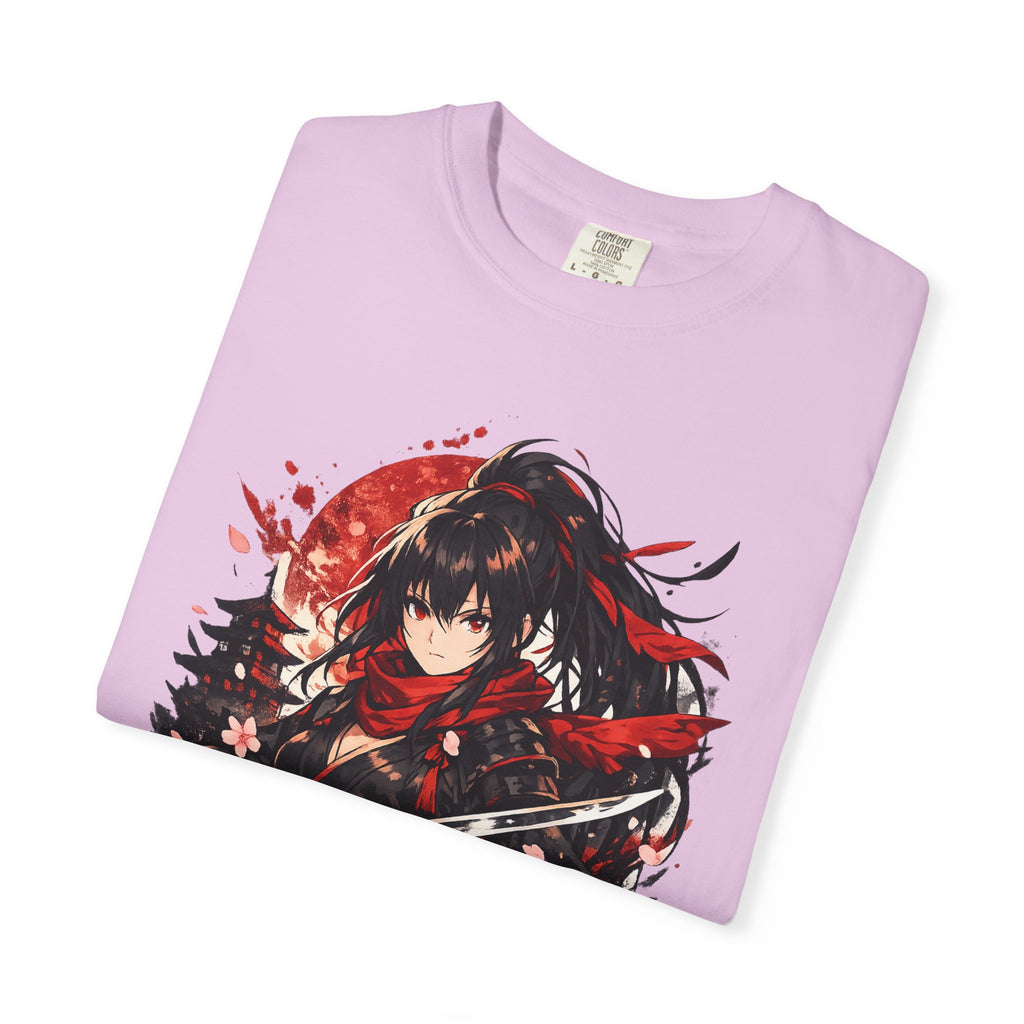 Samurai Anime Girl T-Shirt — Red Moon & Sakura Sword Art Tee
