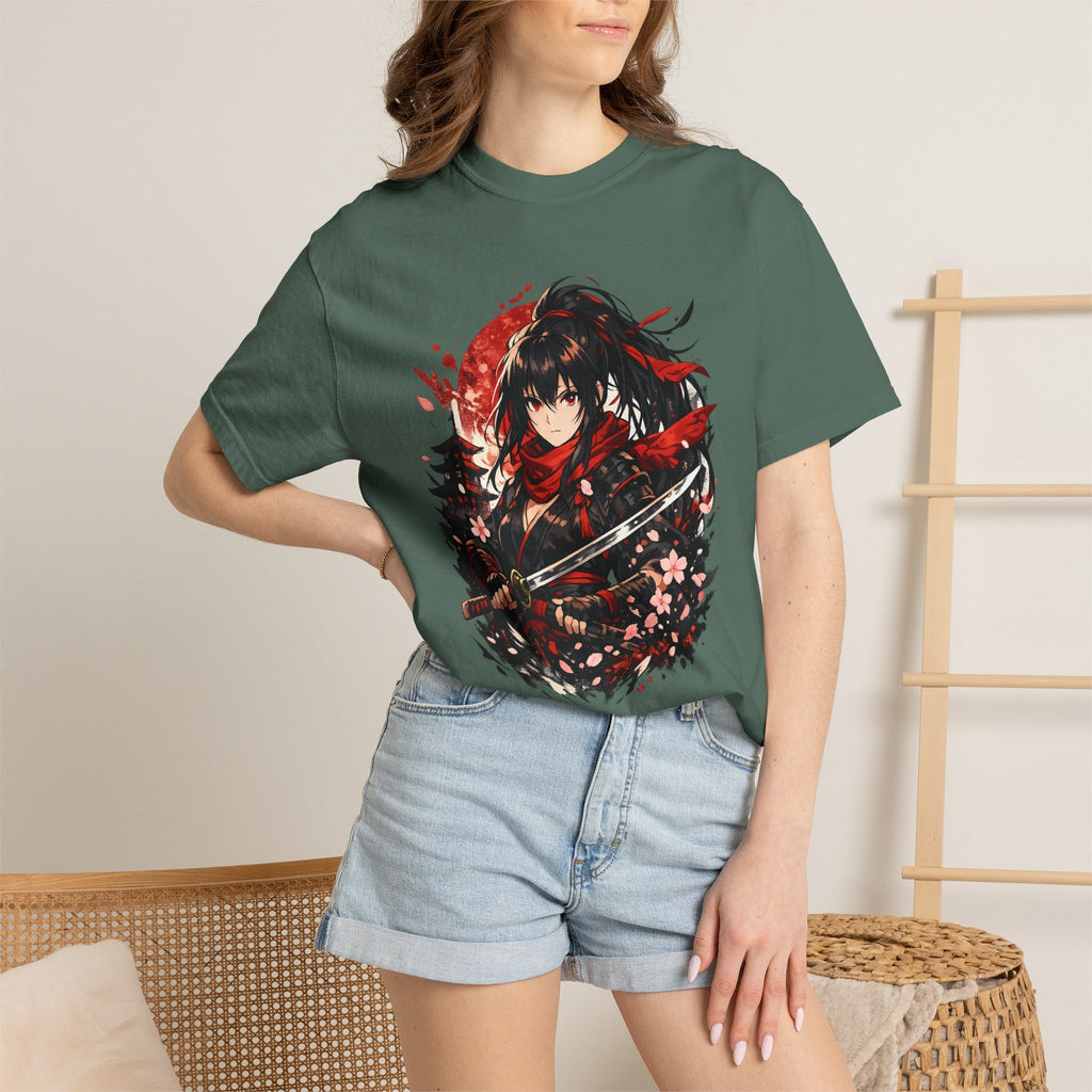 Samurai Anime Girl T-Shirt — Red Moon & Sakura Sword Art Tee