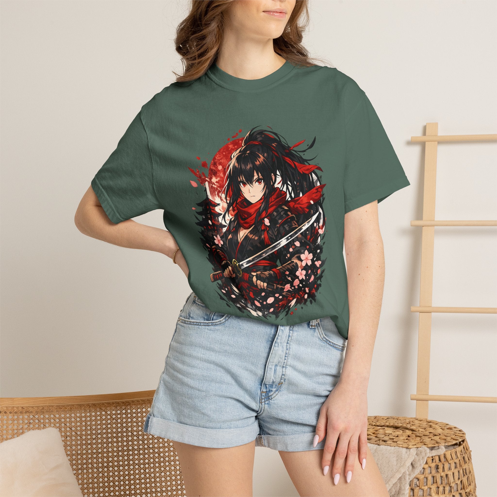 Samurai Anime Girl T-Shirt — Red Moon & Sakura Sword Art Tee