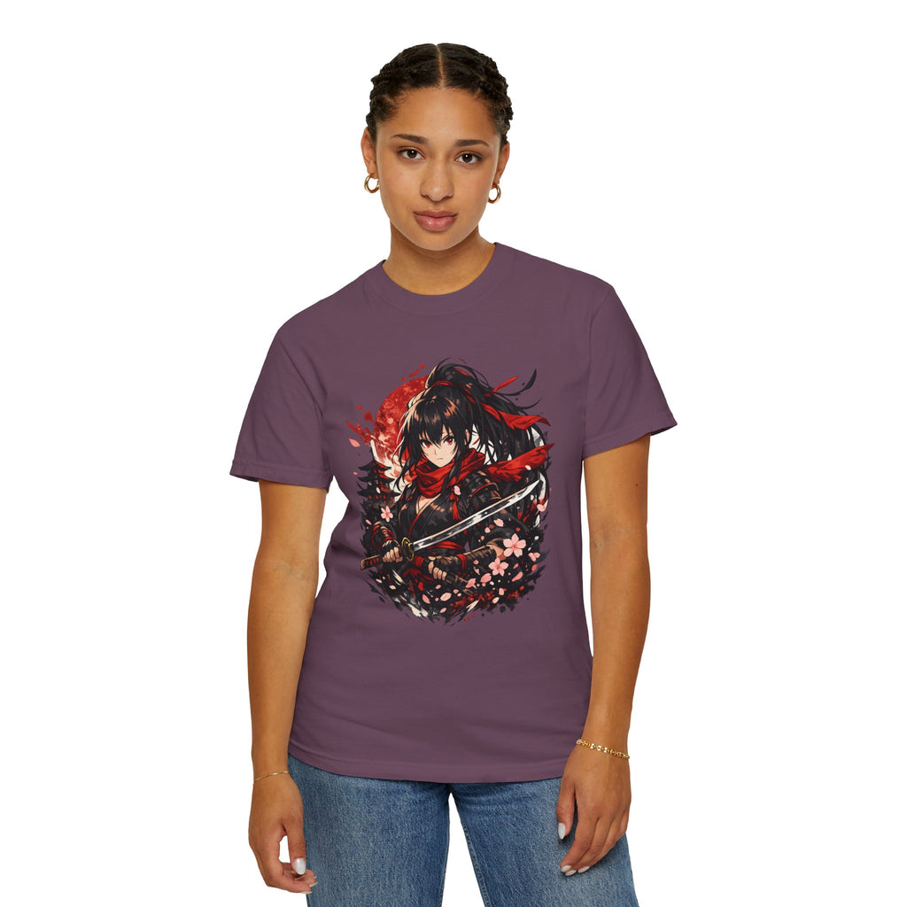 Samurai Anime Girl T-Shirt — Red Moon & Sakura Sword Art Tee