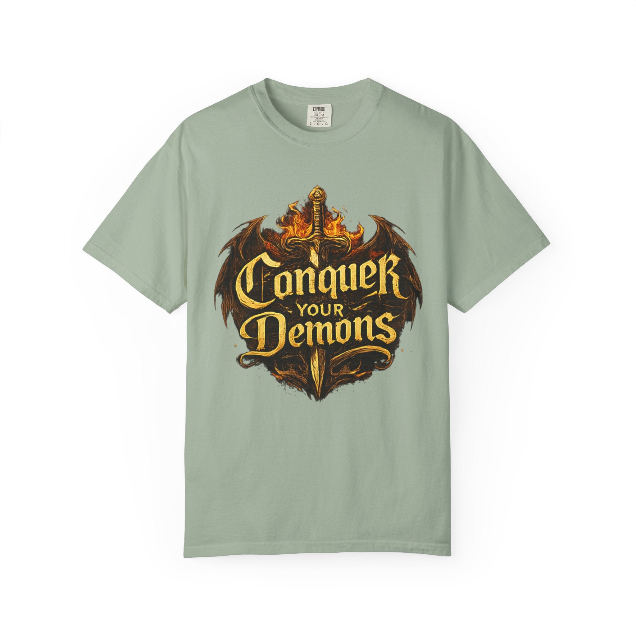 Conquer Your Demons T-Shirt — Gothic Sword & Flames Motivational Tee