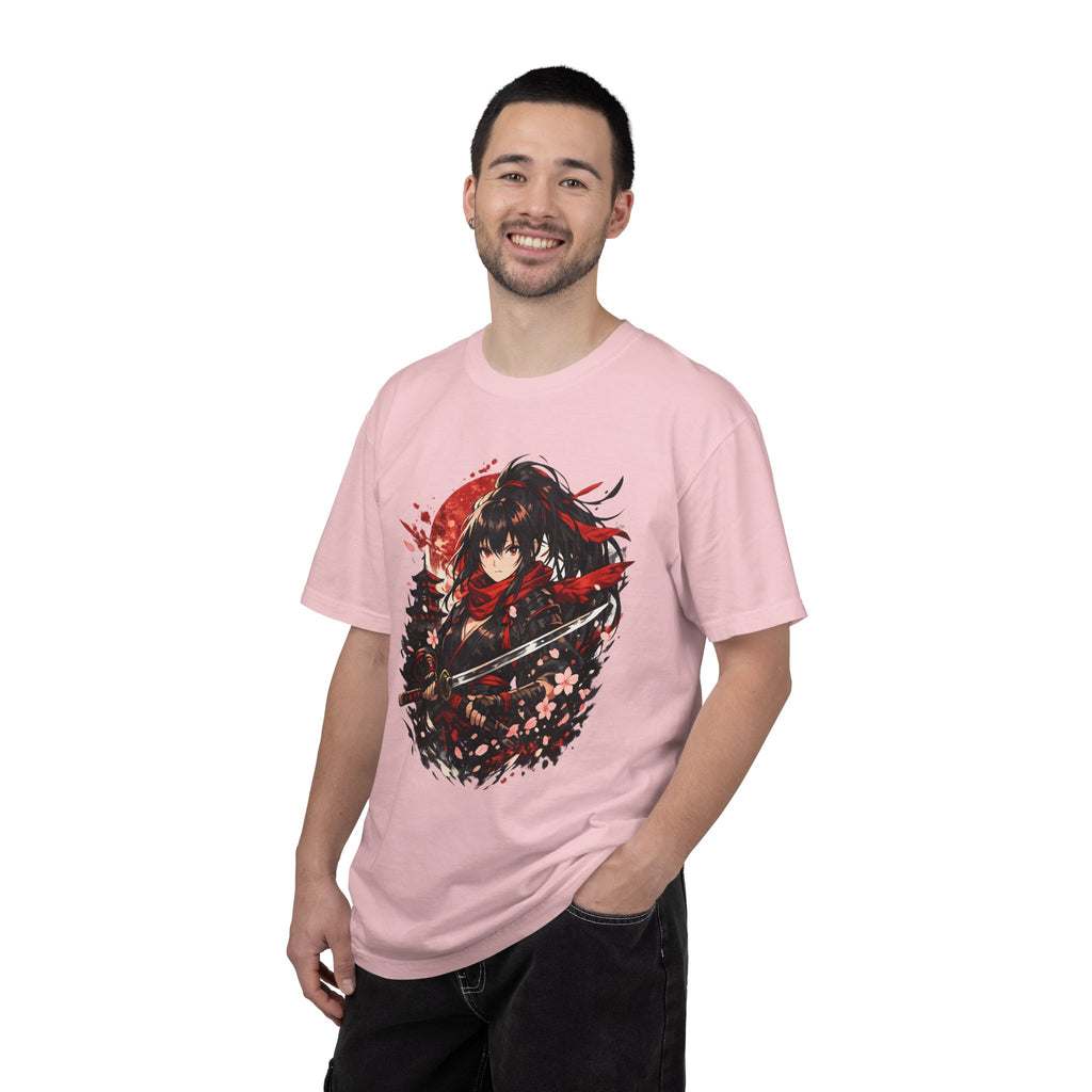 Samurai Anime Girl T-Shirt — Red Moon & Sakura Sword Art Tee