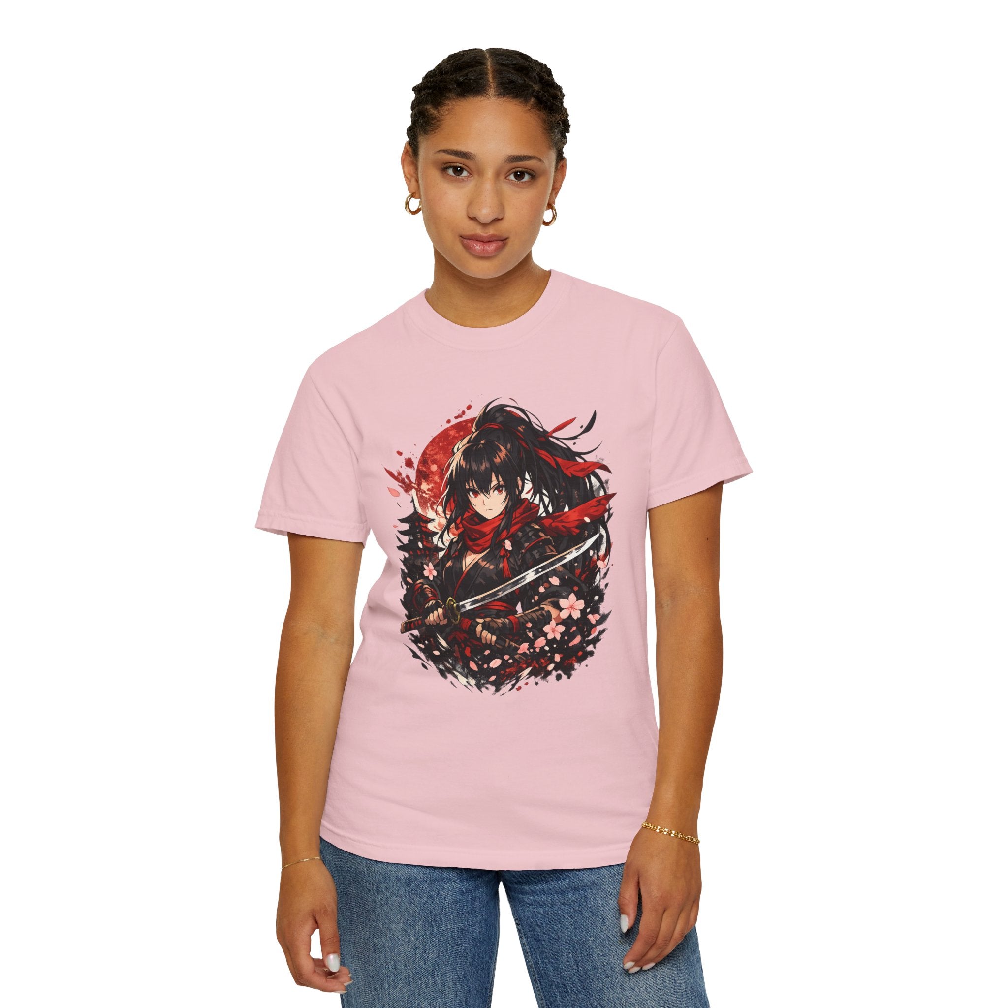 Samurai Anime Girl T-Shirt — Red Moon & Sakura Sword Art Tee