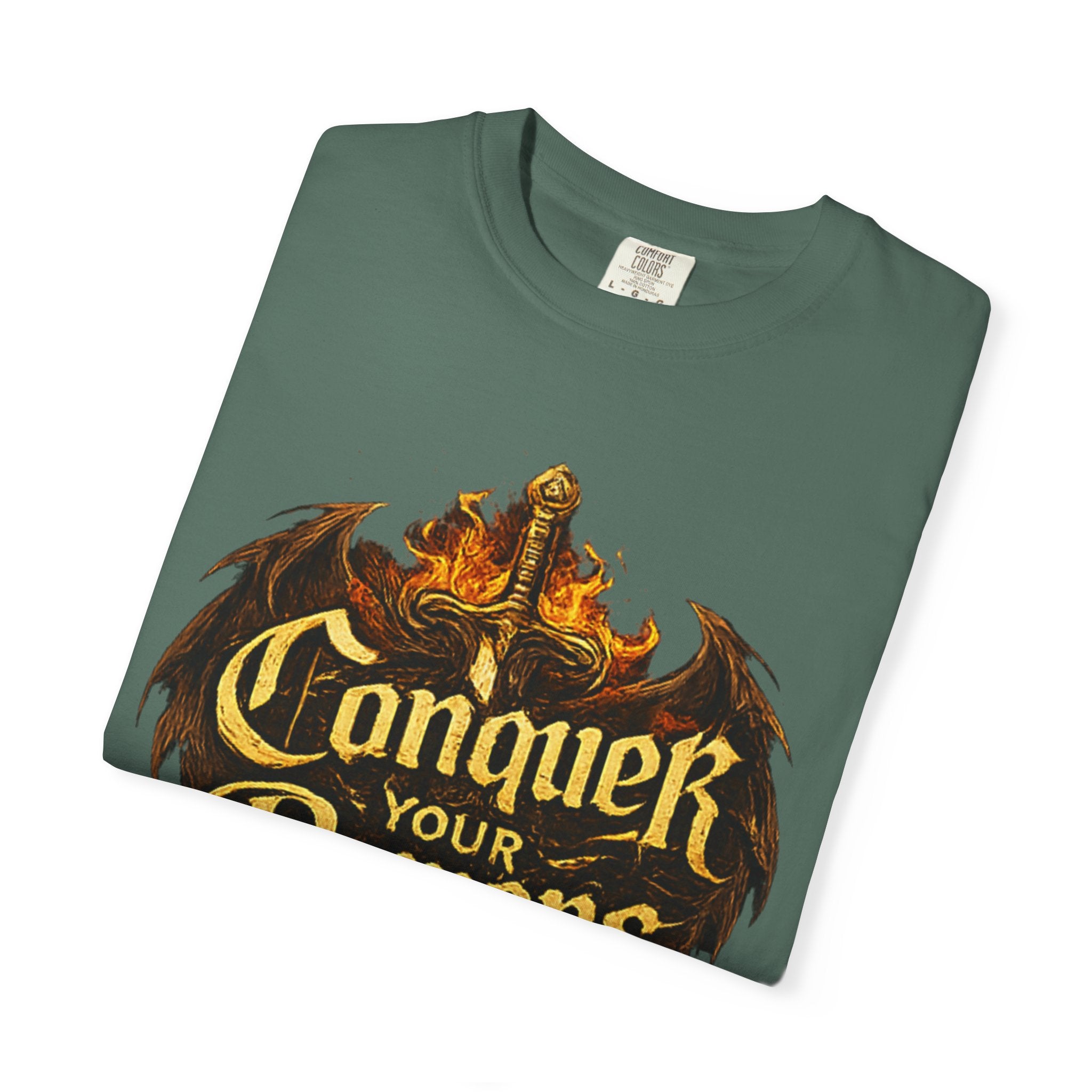 Conquer Your Demons T-Shirt — Gothic Sword & Flames Motivational Tee