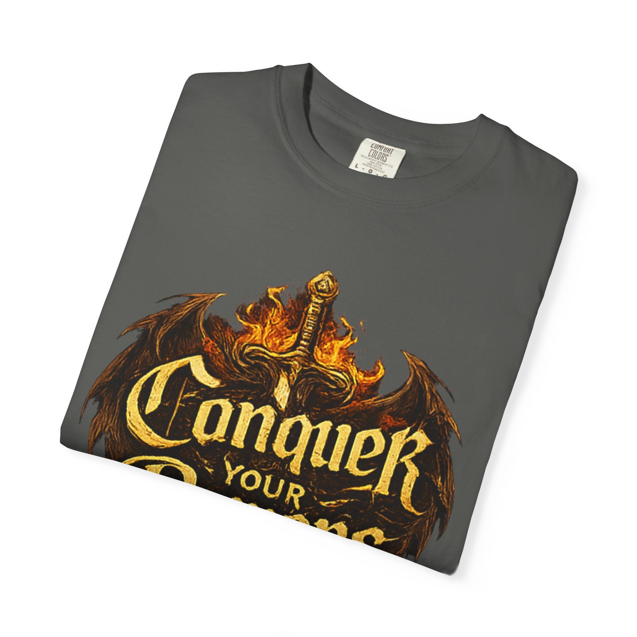 Conquer Your Demons T-Shirt — Gothic Sword & Flames Motivational Tee