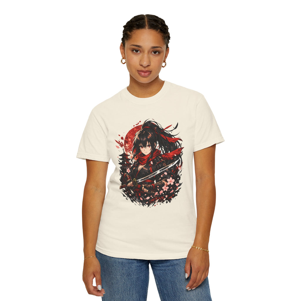 Samurai Anime Girl T-Shirt — Red Moon & Sakura Sword Art Tee
