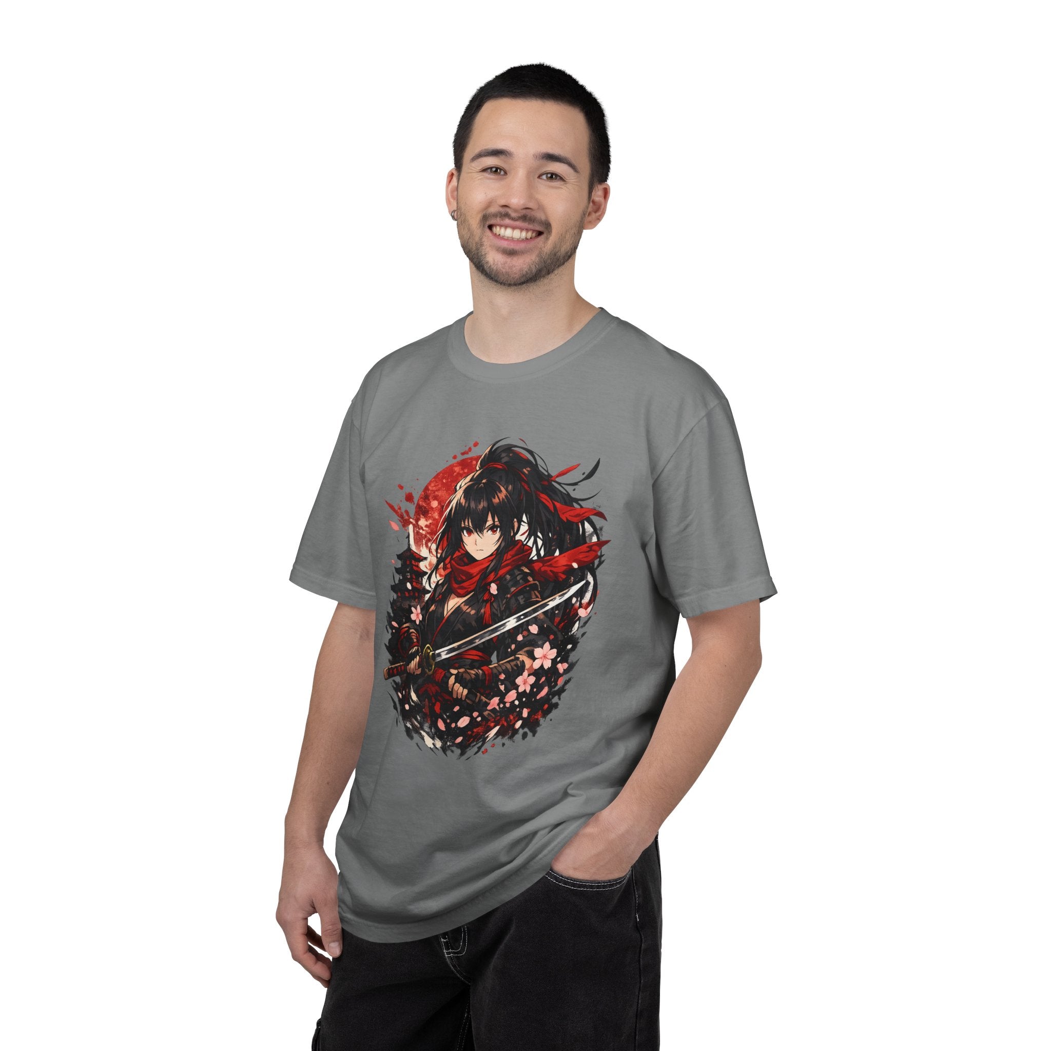 Samurai Anime Girl T-Shirt — Red Moon & Sakura Sword Art Tee