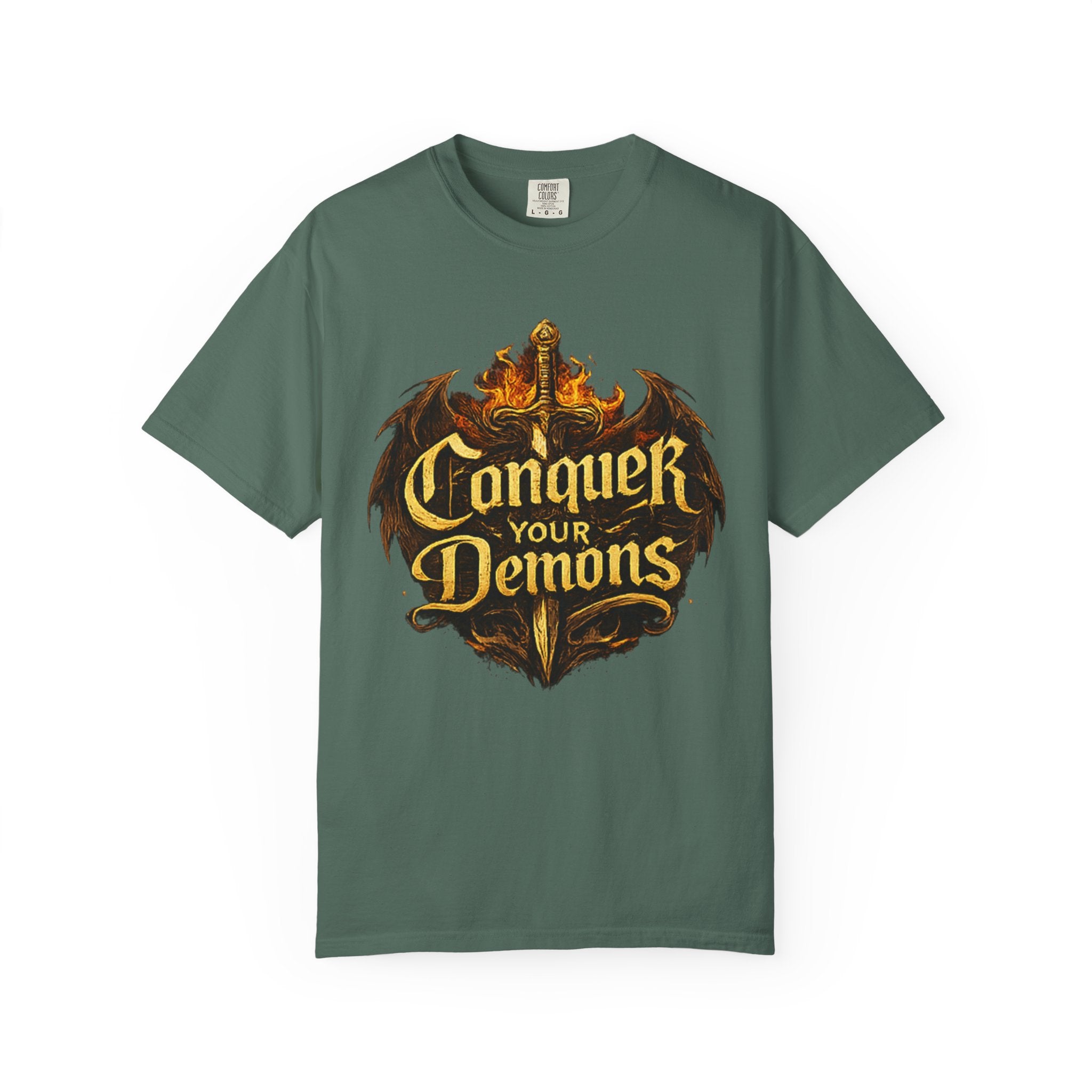 Conquer Your Demons T-Shirt — Gothic Sword & Flames Motivational Tee