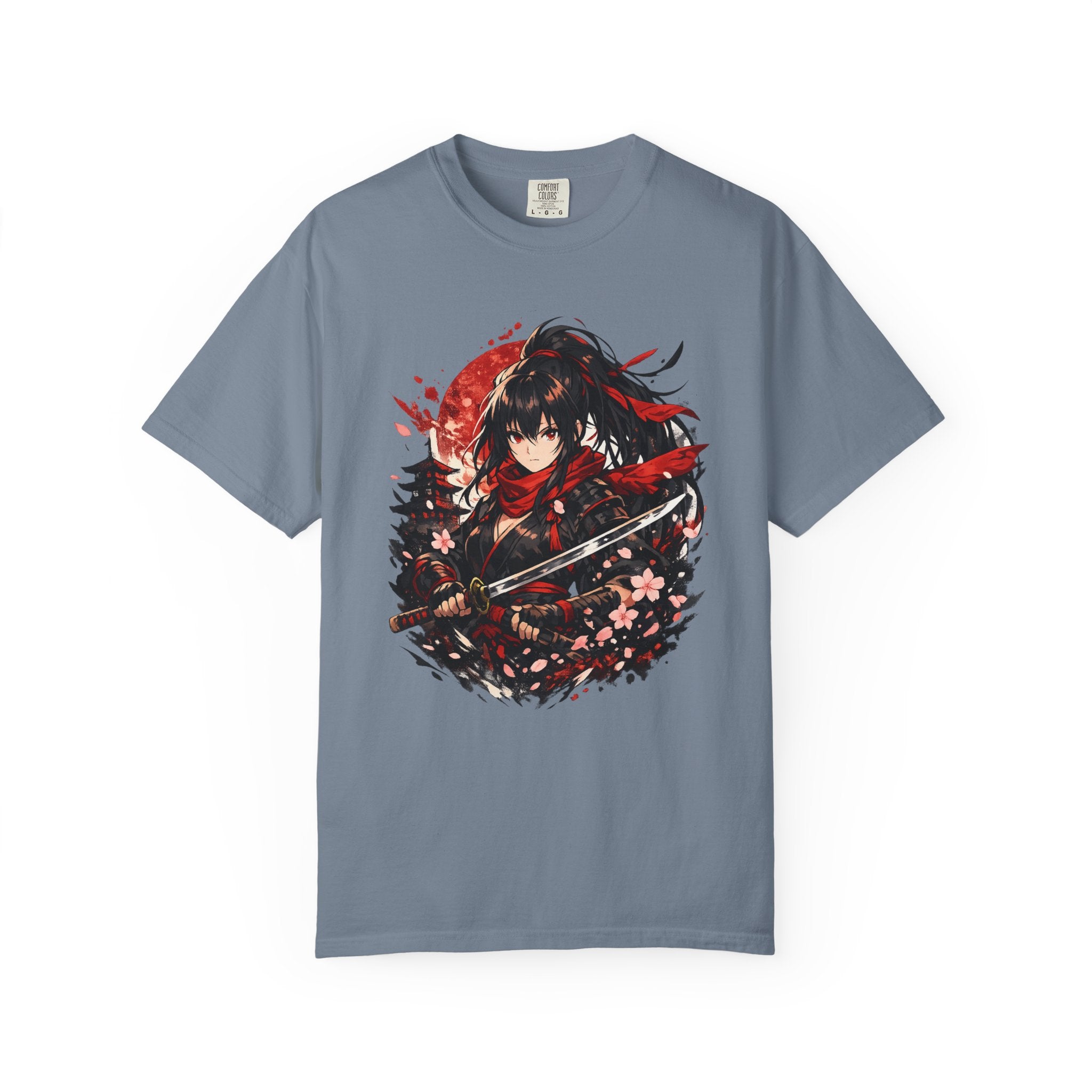 Samurai Anime Girl T-Shirt — Red Moon & Sakura Sword Art Tee