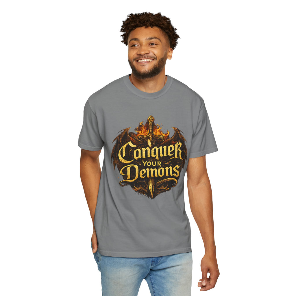 Conquer Your Demons T-Shirt — Gothic Sword & Flames Motivational Tee