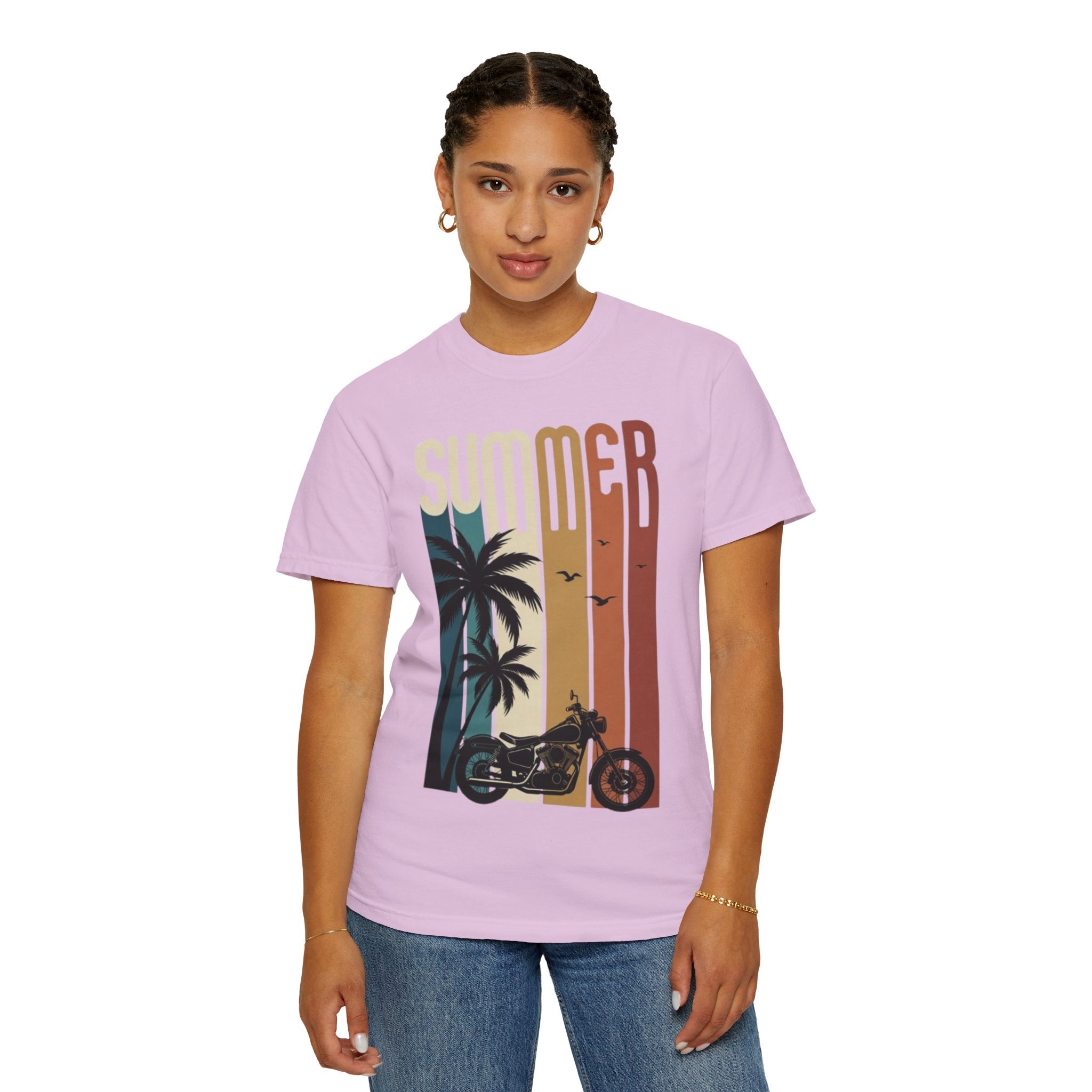 Summer Motorcycle Tee — Retro Palm Tree Beach Graphic T-Shirt