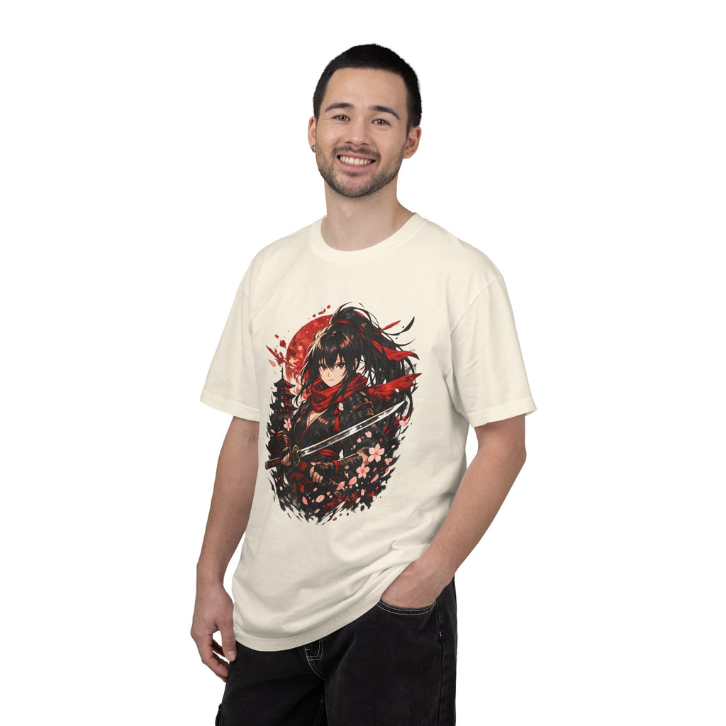Samurai Anime Girl T-Shirt — Red Moon & Sakura Sword Art Tee