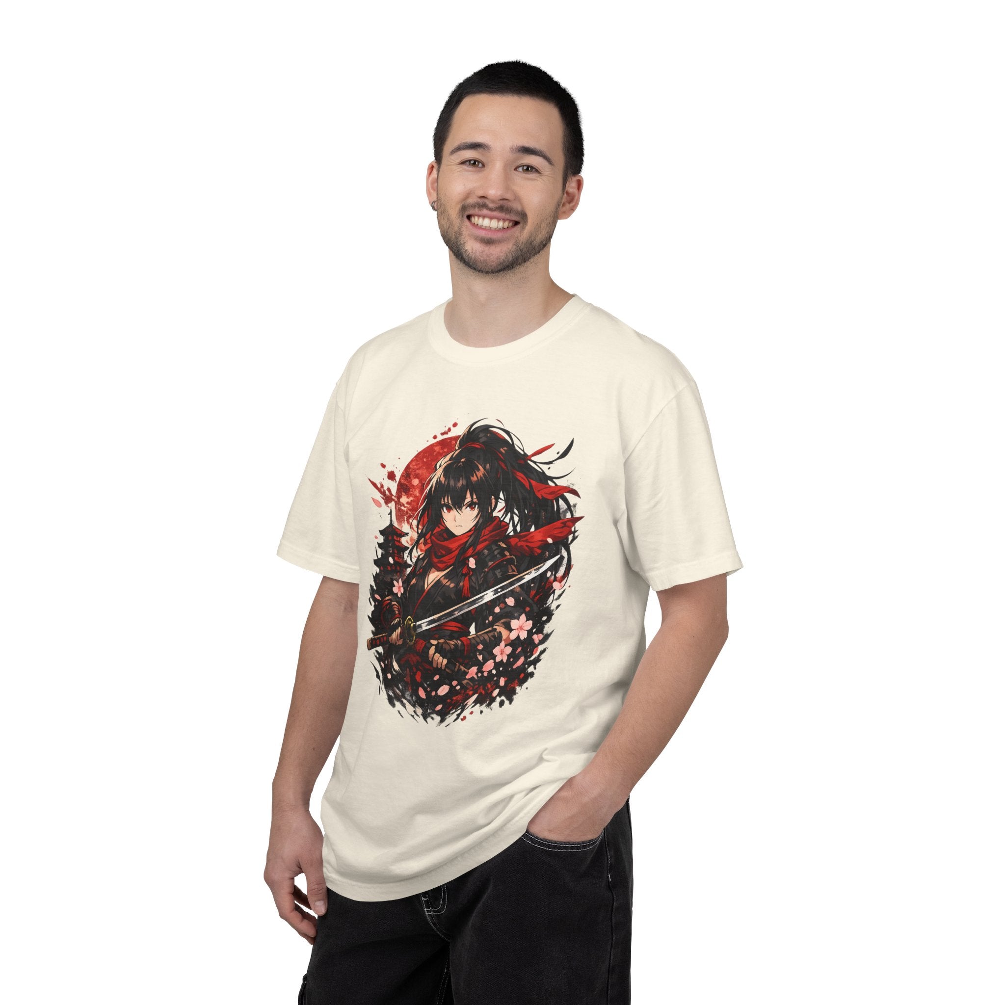 Samurai Anime Girl T-Shirt — Red Moon & Sakura Sword Art Tee