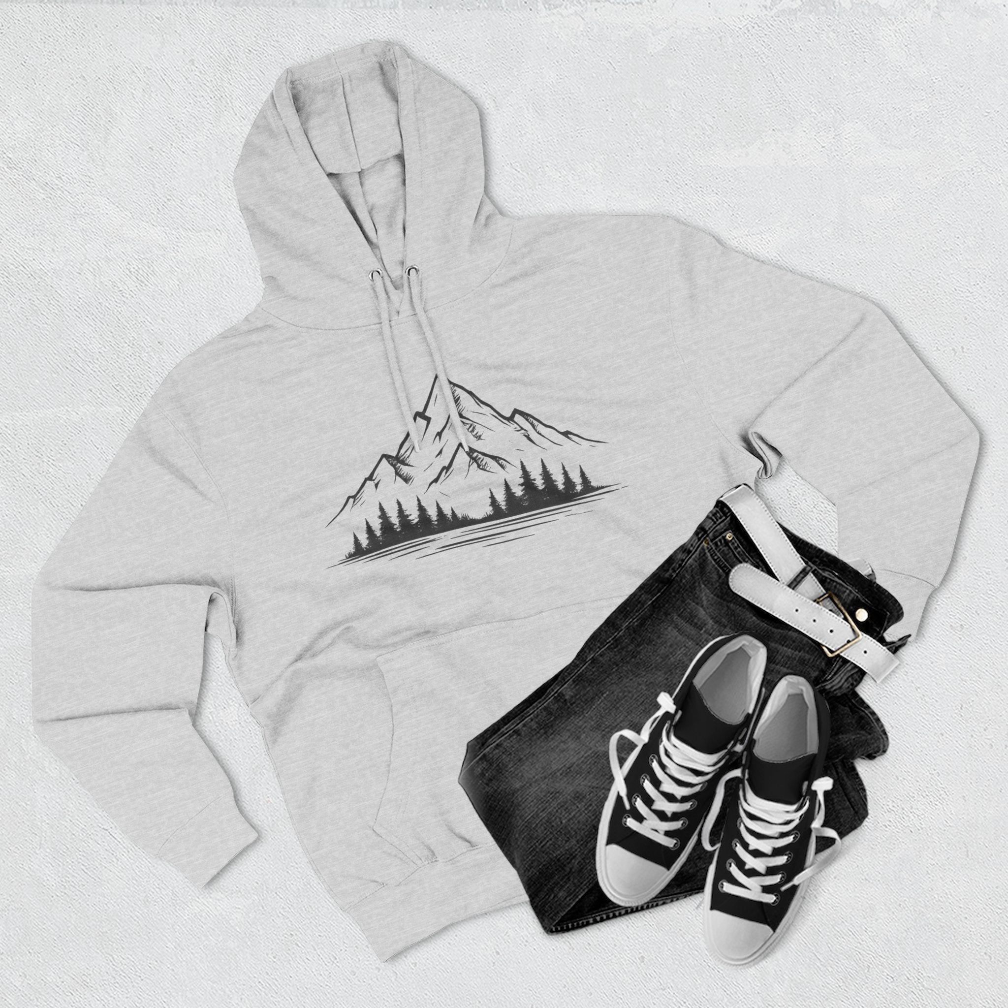 Mountain Pines Hoodie — Minimal Mountain & Forest Graphic Pullover