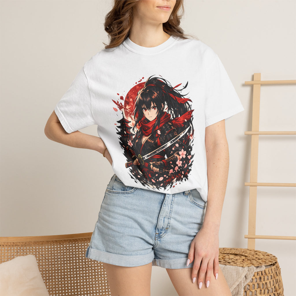 Samurai Anime Girl T-Shirt — Red Moon & Sakura Sword Art Tee
