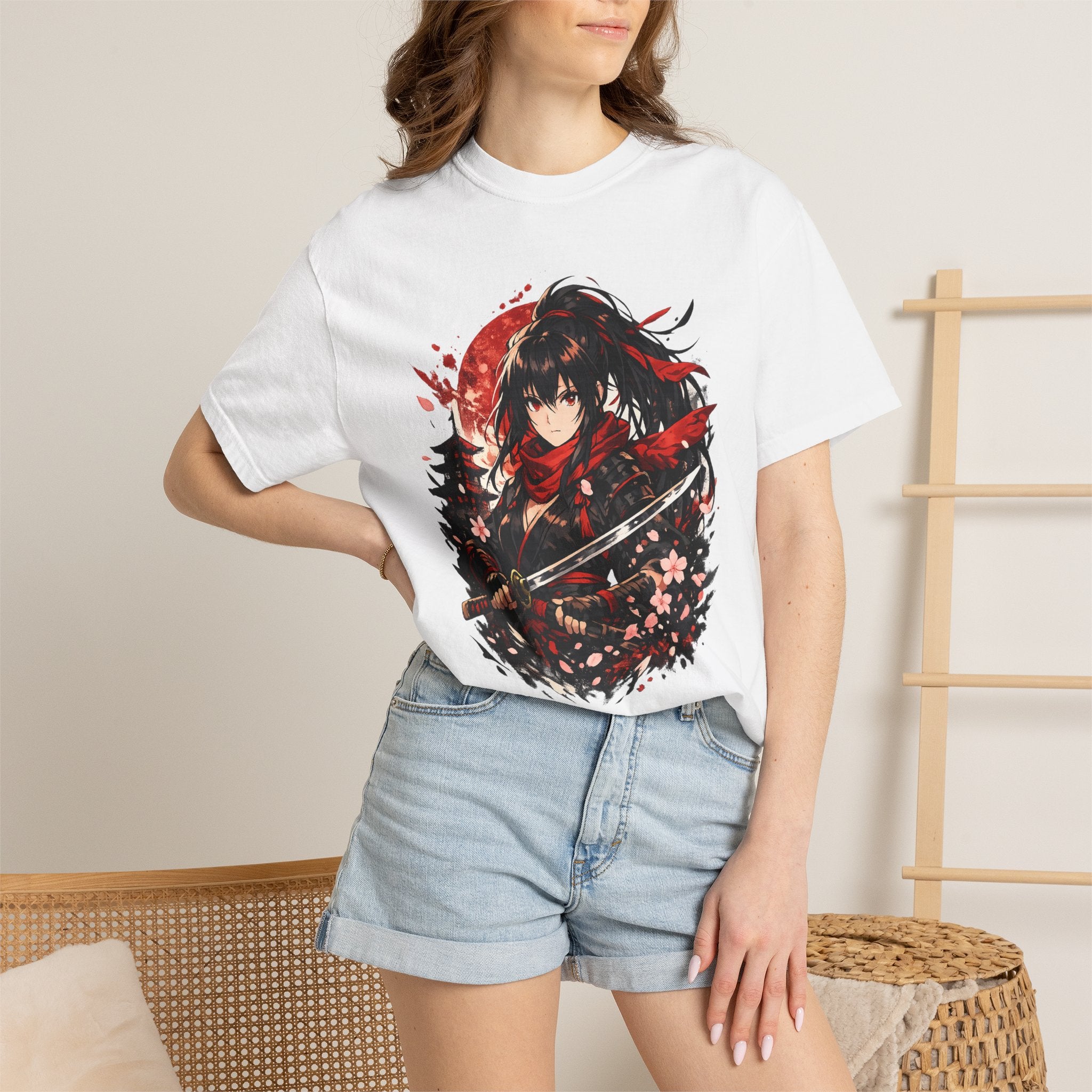 Samurai Anime Girl T-Shirt — Red Moon & Sakura Sword Art Tee