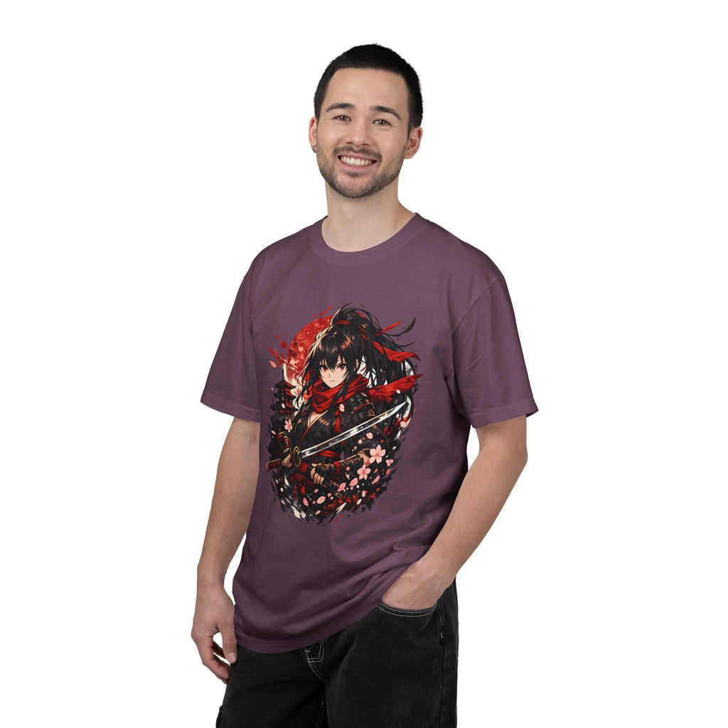 Samurai Anime Girl T-Shirt — Red Moon & Sakura Sword Art Tee
