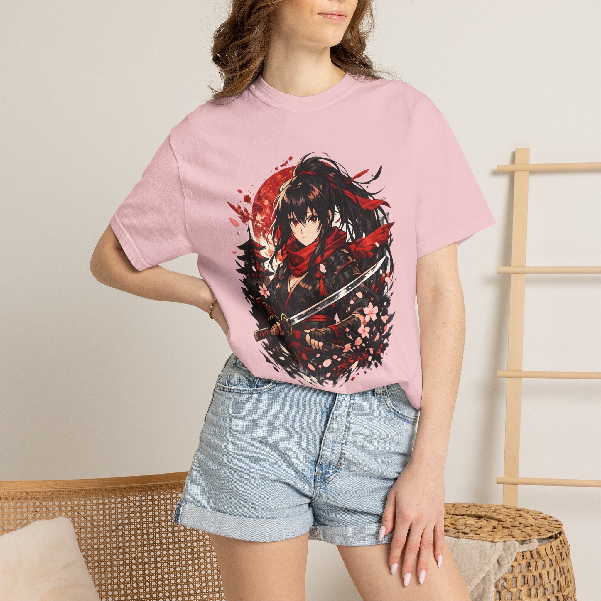 Samurai Anime Girl T-Shirt — Red Moon & Sakura Sword Art Tee