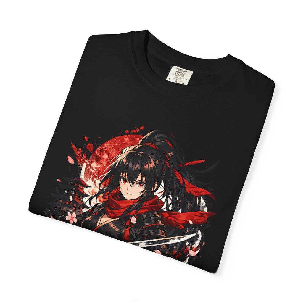 Samurai Anime Girl T-Shirt — Red Moon & Sakura Sword Art Tee
