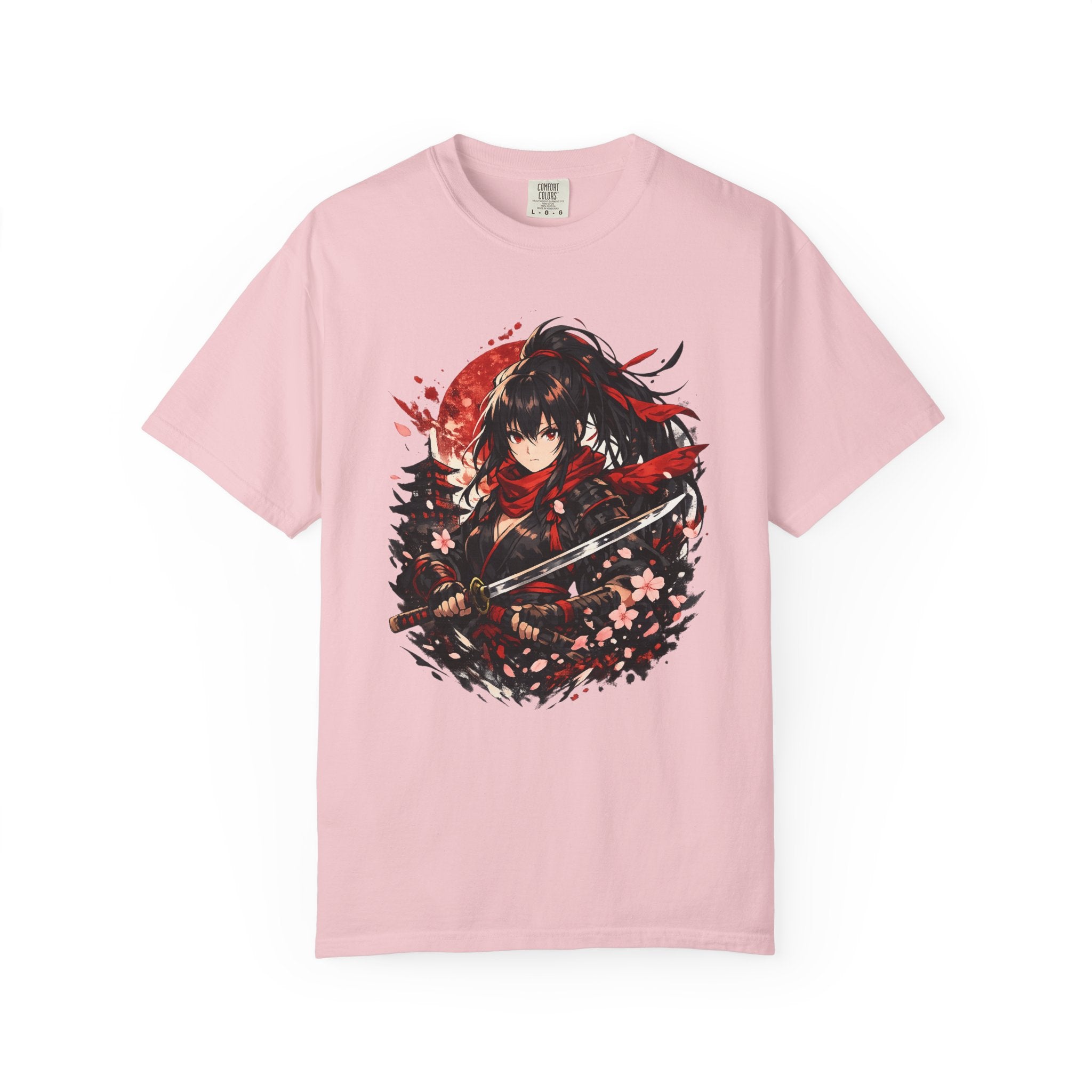 Samurai Anime Girl T-Shirt — Red Moon & Sakura Sword Art Tee