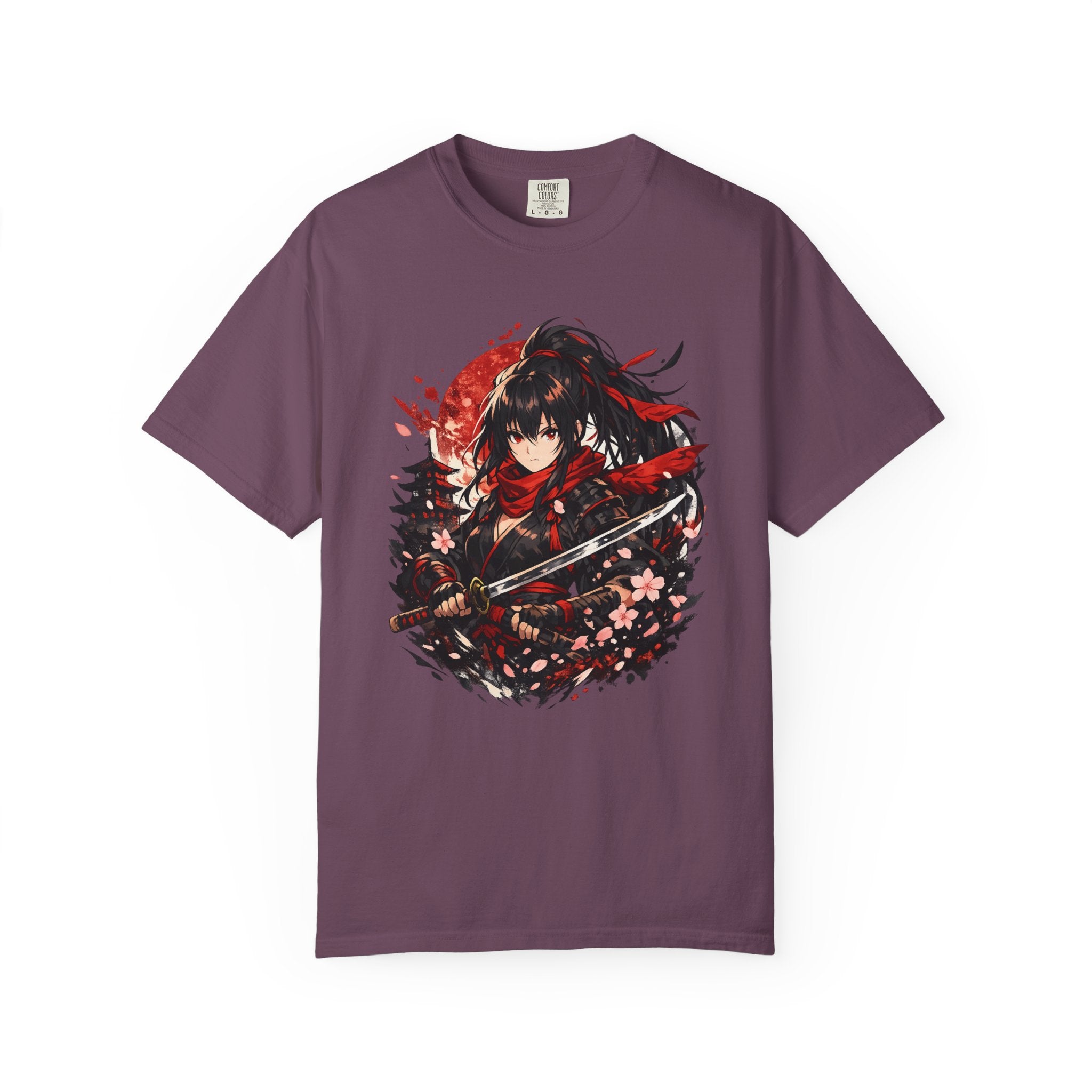 Samurai Anime Girl T-Shirt — Red Moon & Sakura Sword Art Tee