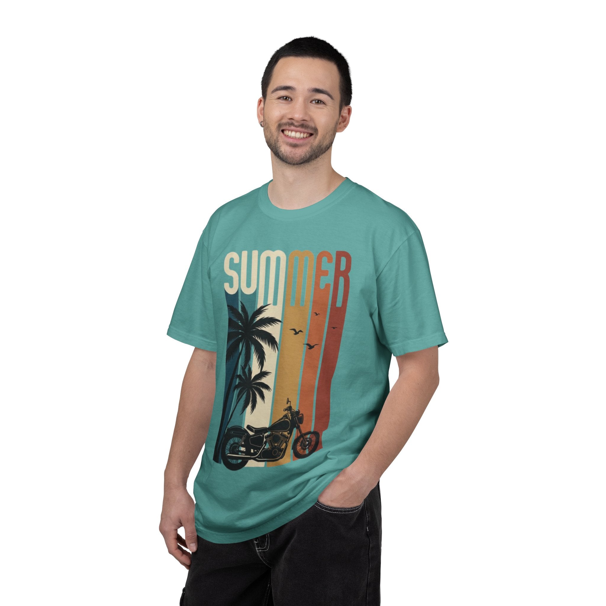 Summer Motorcycle Tee — Retro Palm Tree Beach Graphic T-Shirt