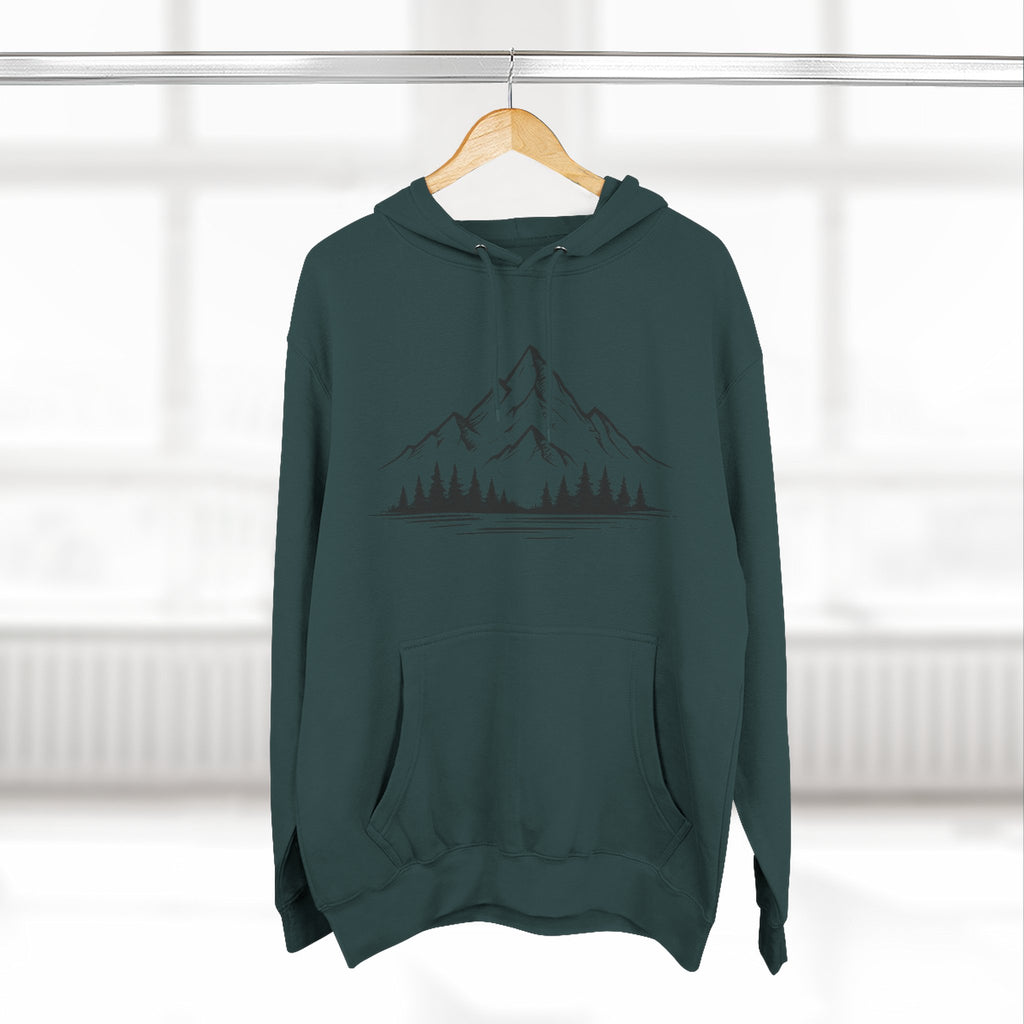 Mountain Pines Hoodie — Minimal Mountain & Forest Graphic Pullover