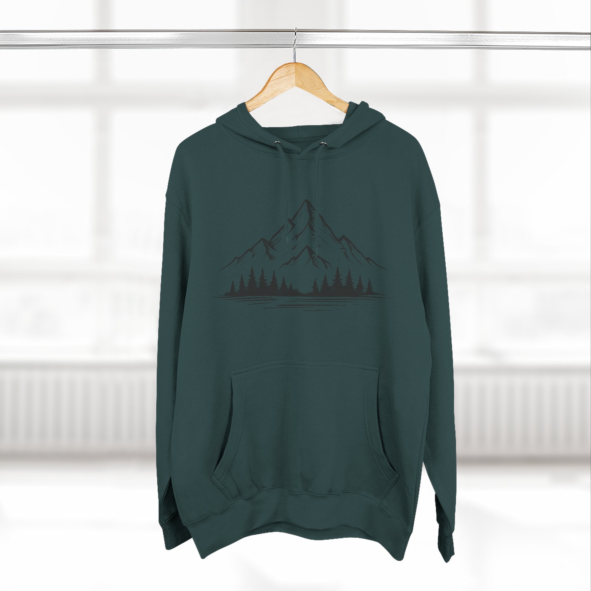 Mountain Pines Hoodie — Minimal Mountain & Forest Graphic Pullover
