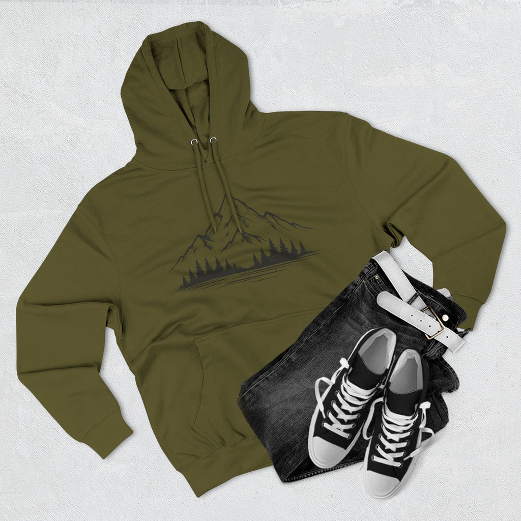 Mountain Pines Hoodie — Minimal Mountain & Forest Graphic Pullover