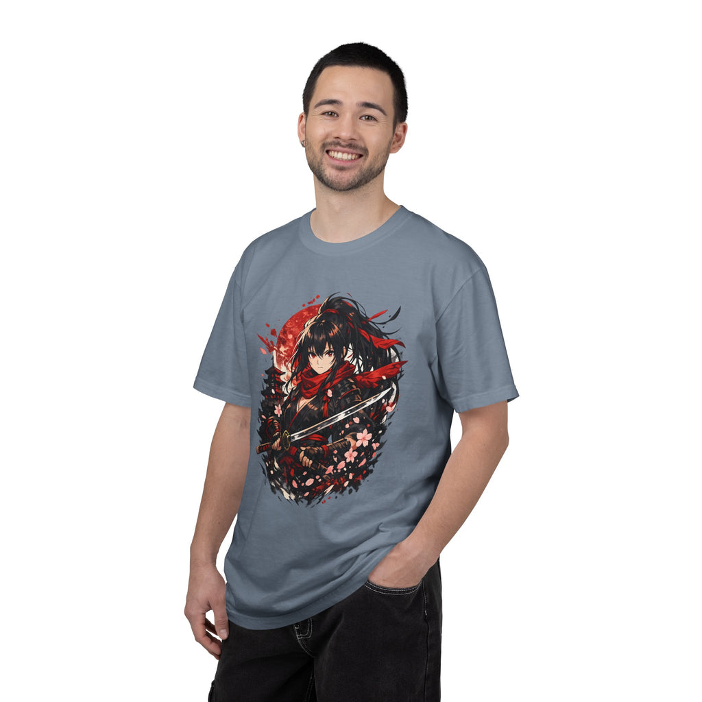 Samurai Anime Girl T-Shirt — Red Moon & Sakura Sword Art Tee