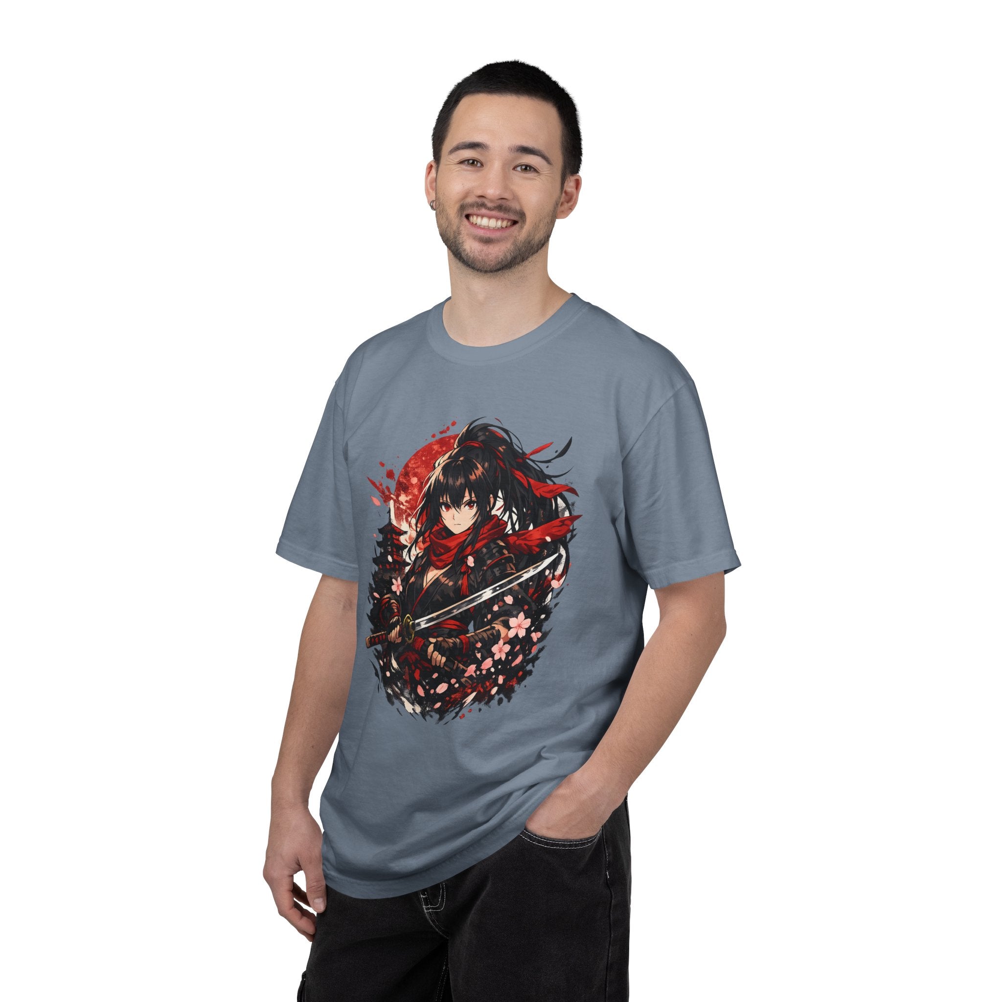 Samurai Anime Girl T-Shirt — Red Moon & Sakura Sword Art Tee