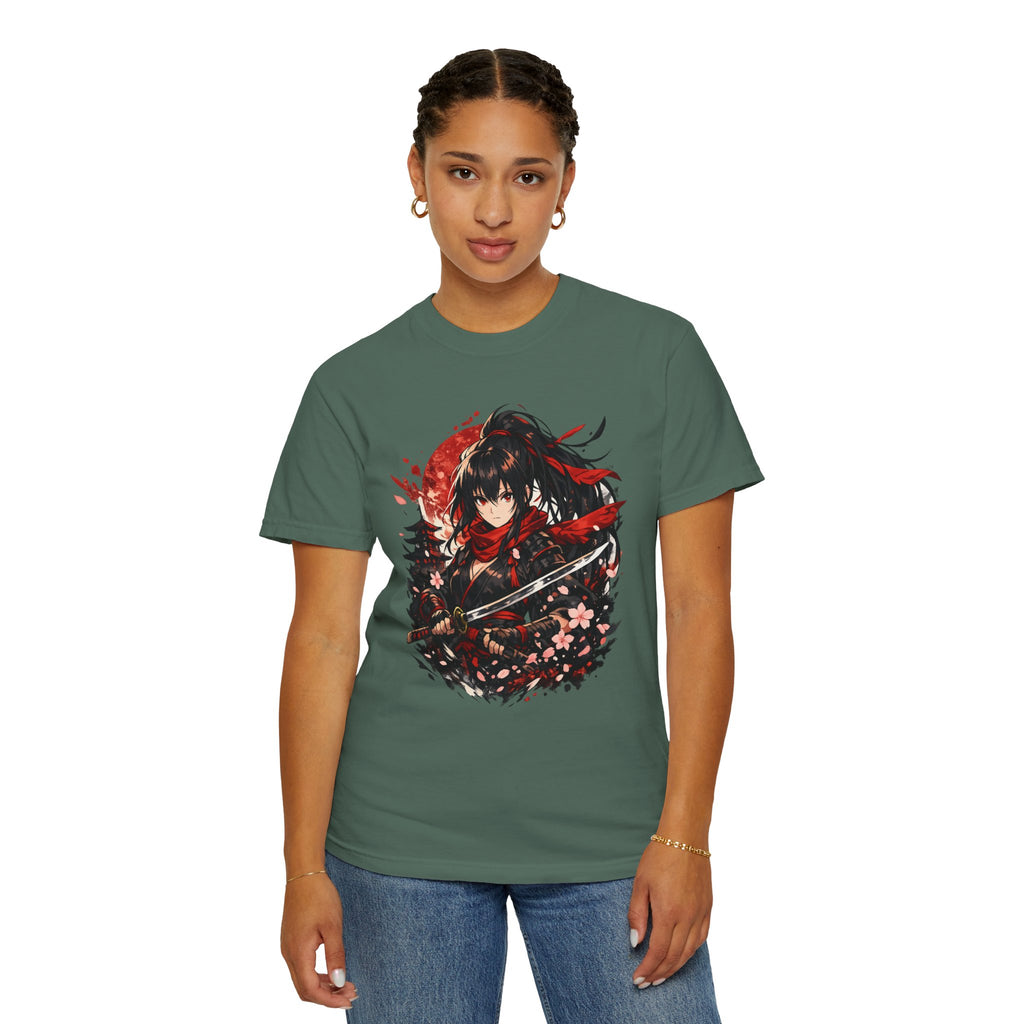 Samurai Anime Girl T-Shirt — Red Moon & Sakura Sword Art Tee