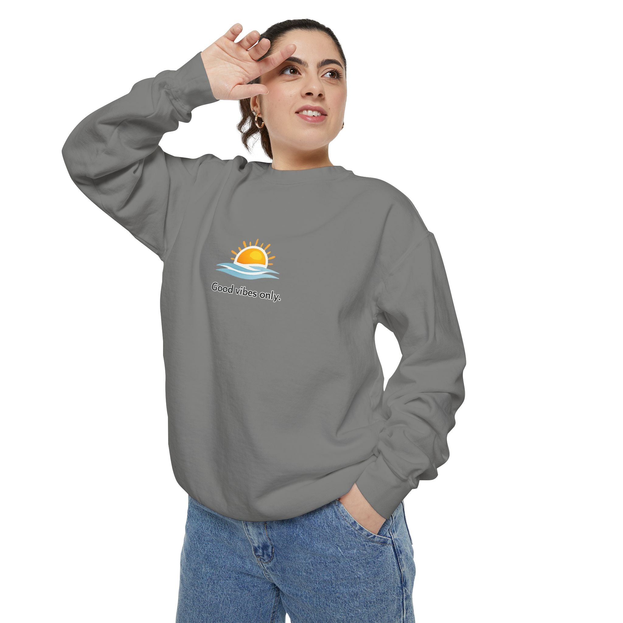 Good Vibes Only Sweatshirt — Sunrise Graphic Cozy Pullover