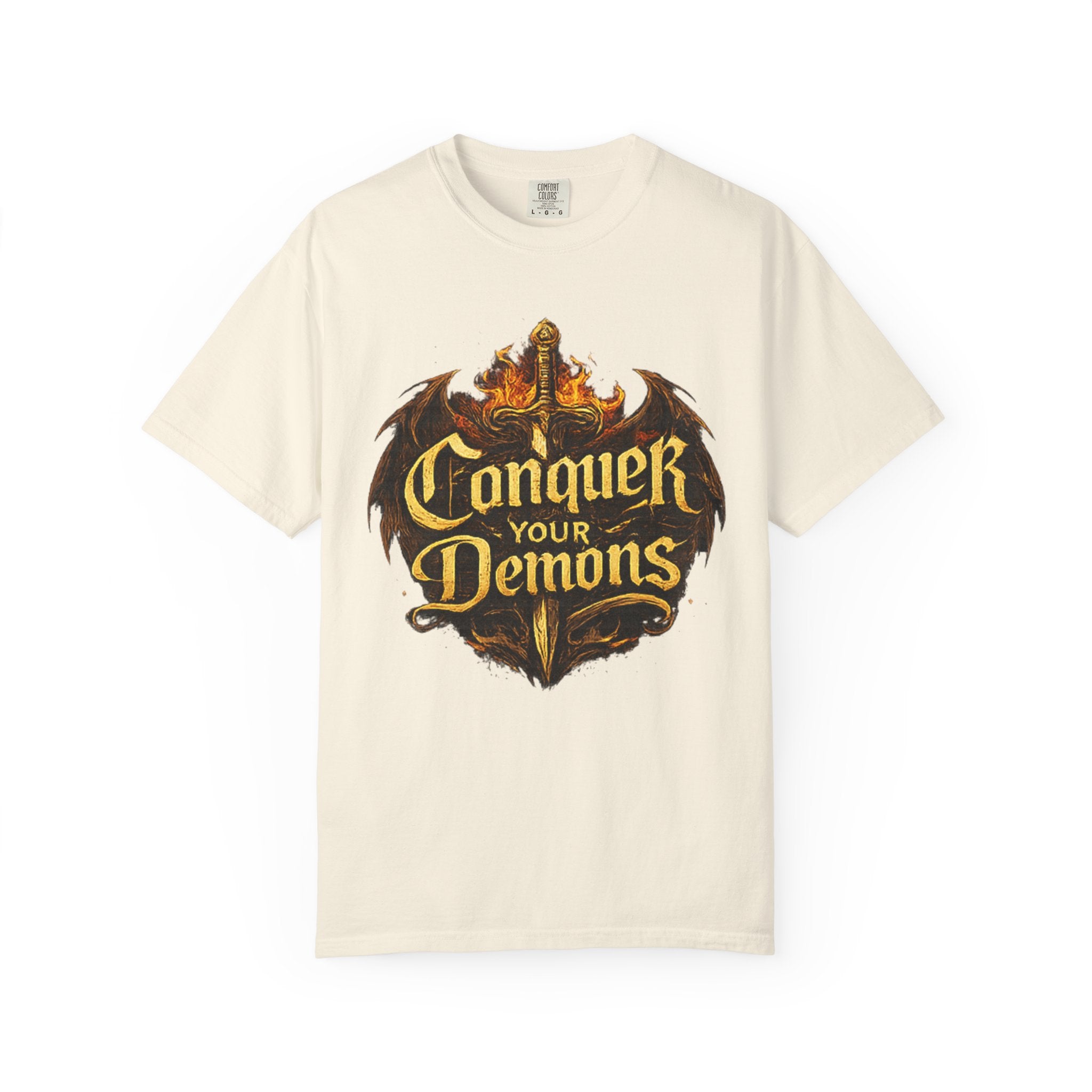 Conquer Your Demons T-Shirt — Gothic Sword & Flames Motivational Tee