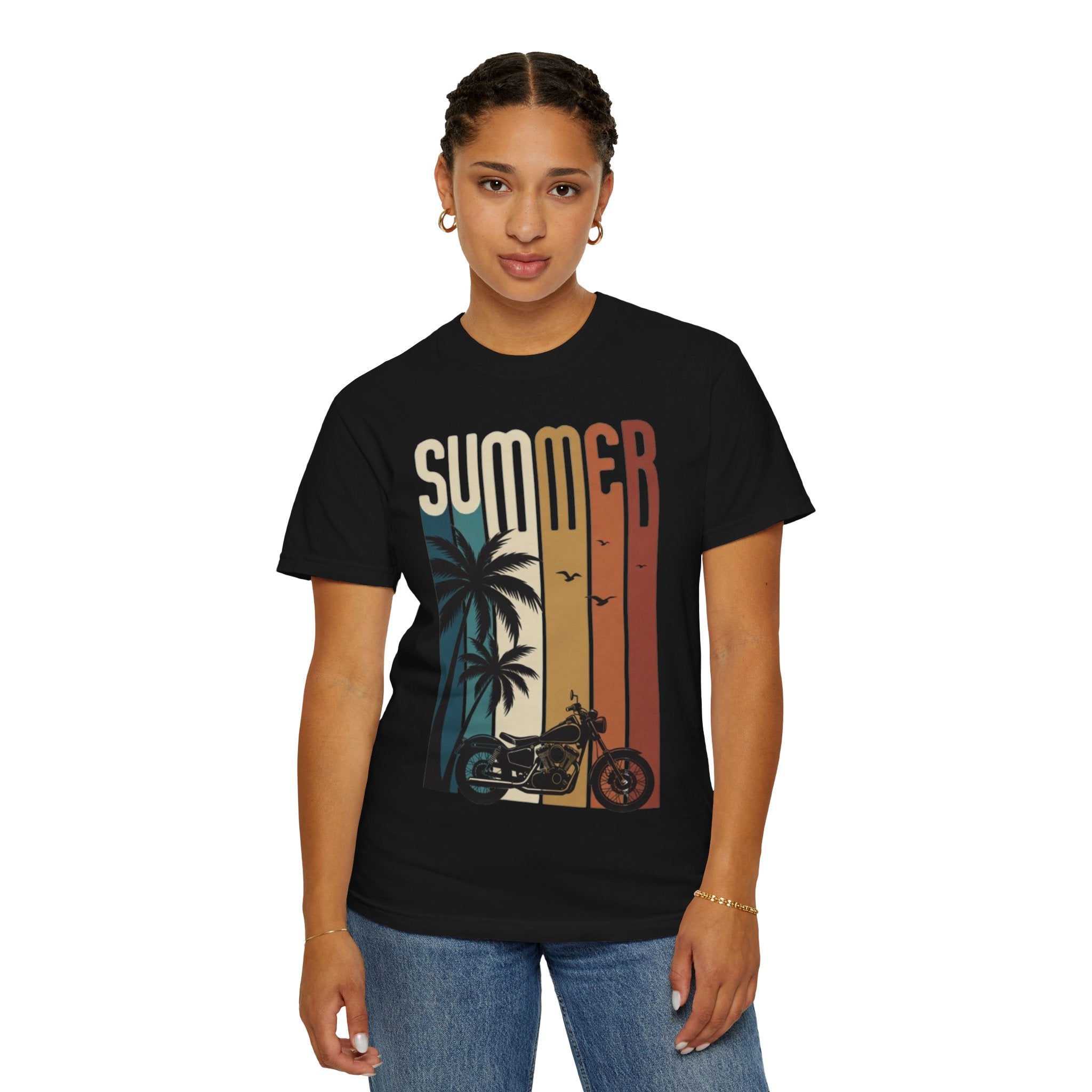 Summer Motorcycle Tee — Retro Palm Tree Beach Graphic T-Shirt