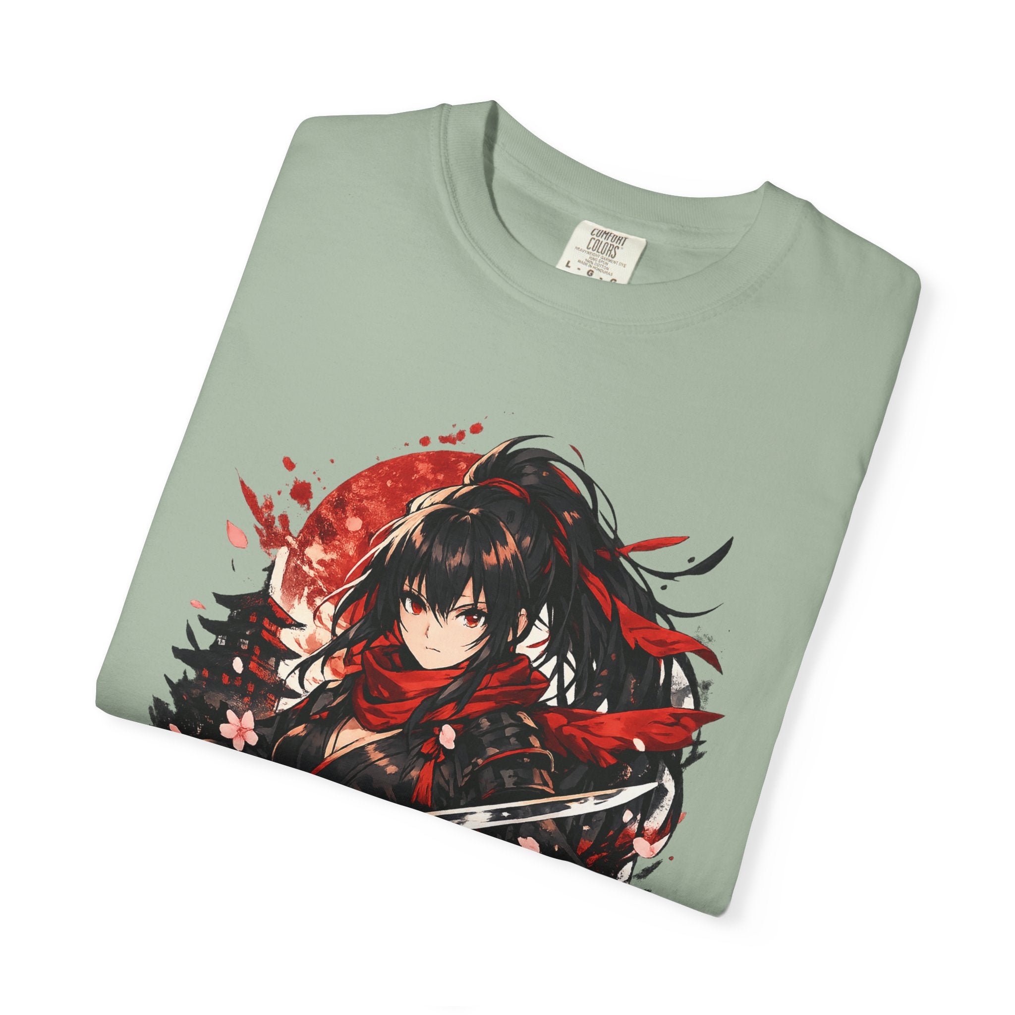 Samurai Anime Girl T-Shirt — Red Moon & Sakura Sword Art Tee
