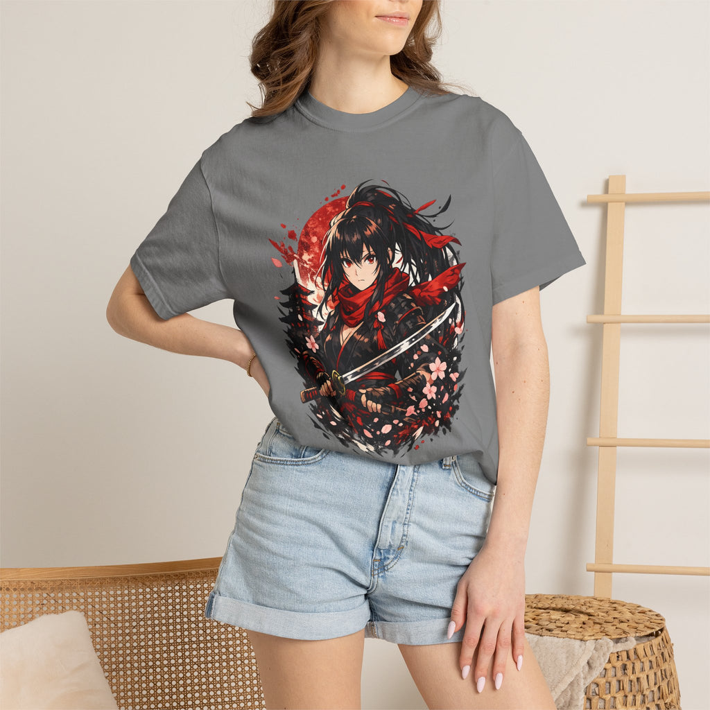Samurai Anime Girl T-Shirt — Red Moon & Sakura Sword Art Tee