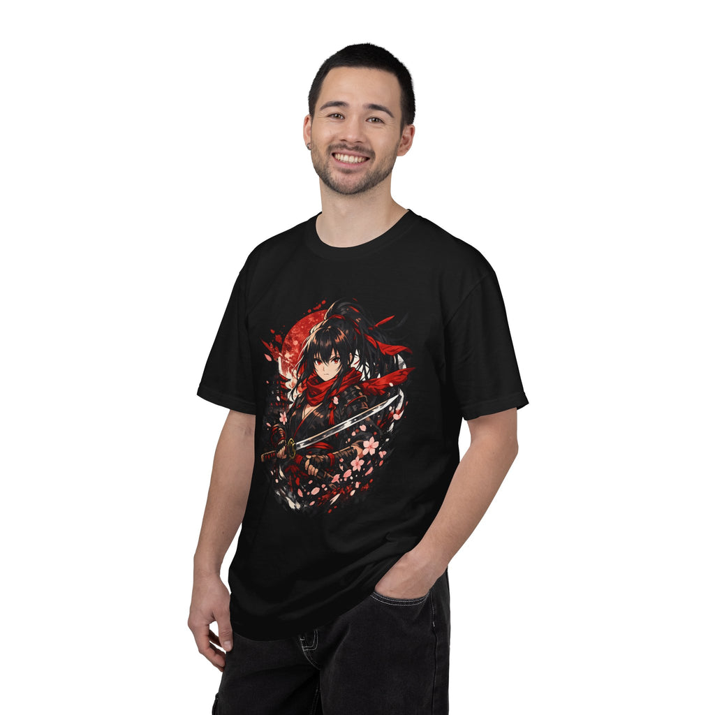 Samurai Anime Girl T-Shirt — Red Moon & Sakura Sword Art Tee